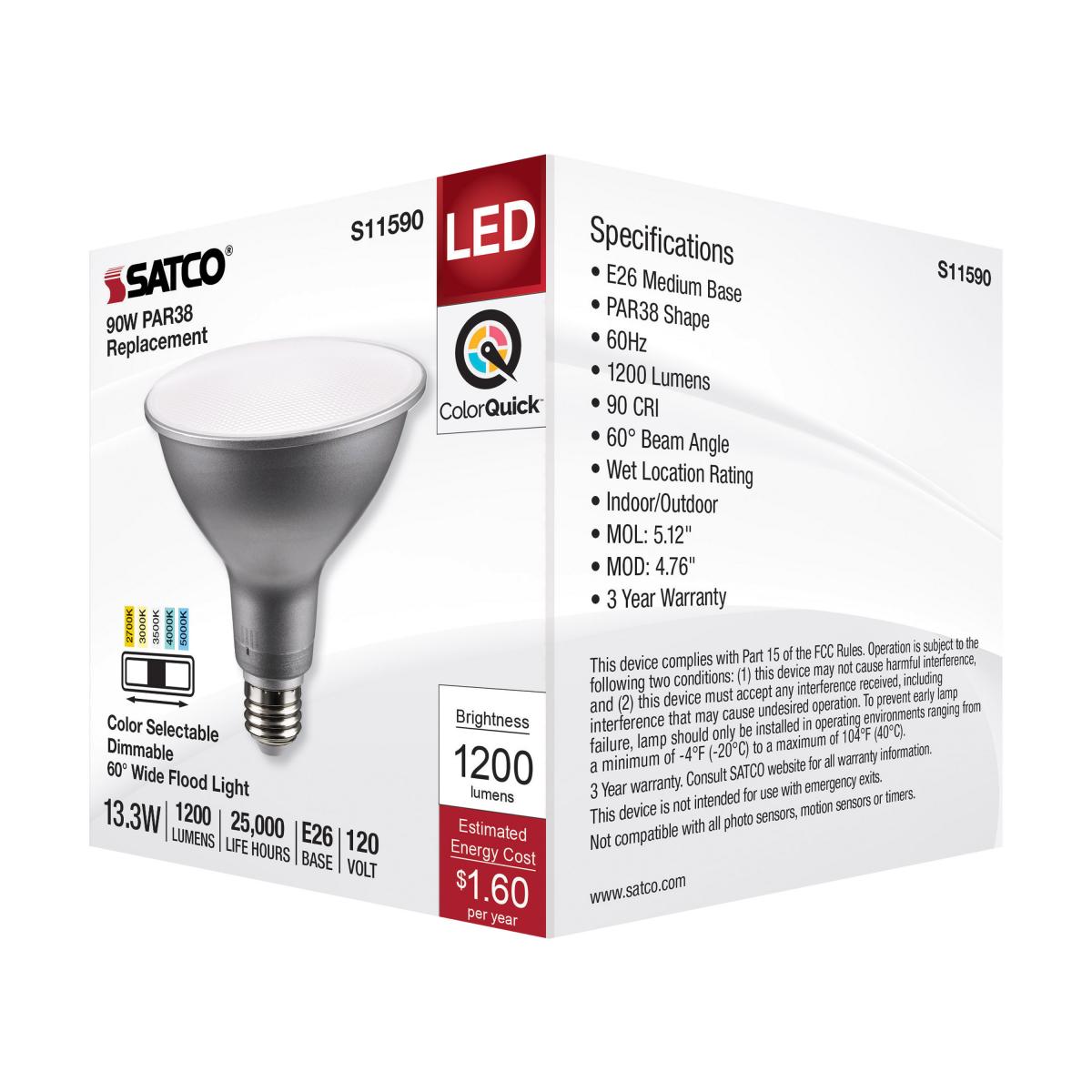 Satco 13.3w PAR38 LED E26 Base 60deg 120v CCT Tunable Silver Finish Bulb
