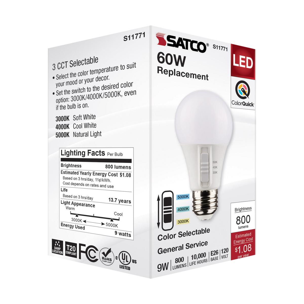 Satco 9w A19 LED 120v CCT Selectable 90 CRI White Finish Bulb