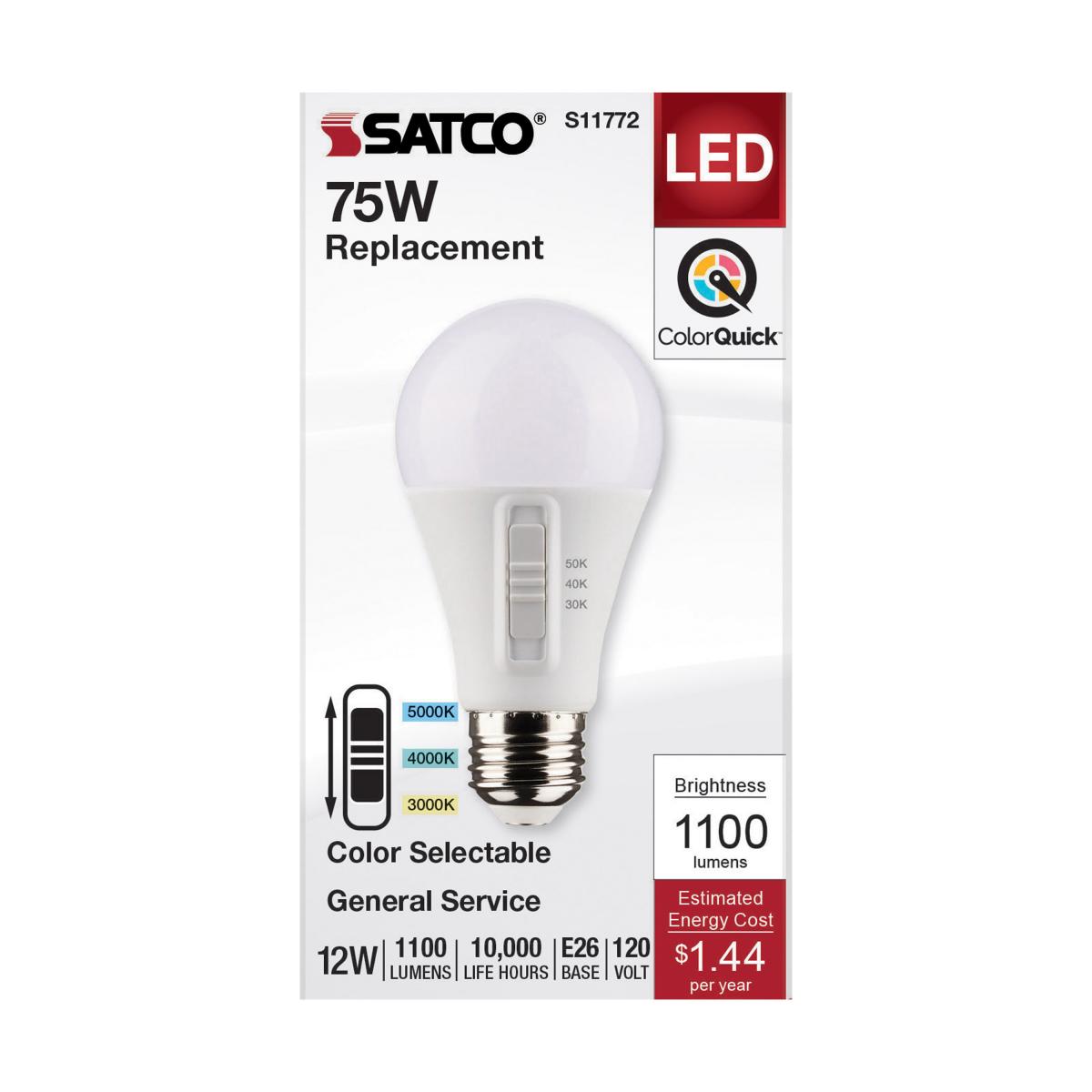 Satco 12w A19 LED 120v CCT Selectable 90 CRI White Finish Bulb
