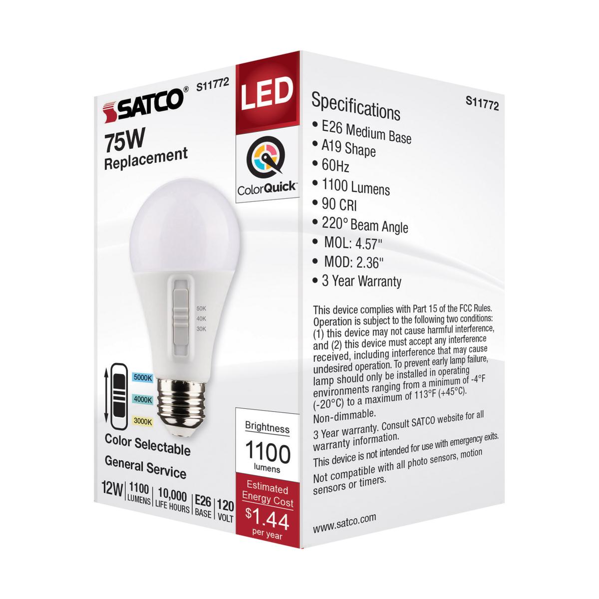 Satco 12w A19 LED 120v CCT Selectable 90 CRI White Finish Bulb
