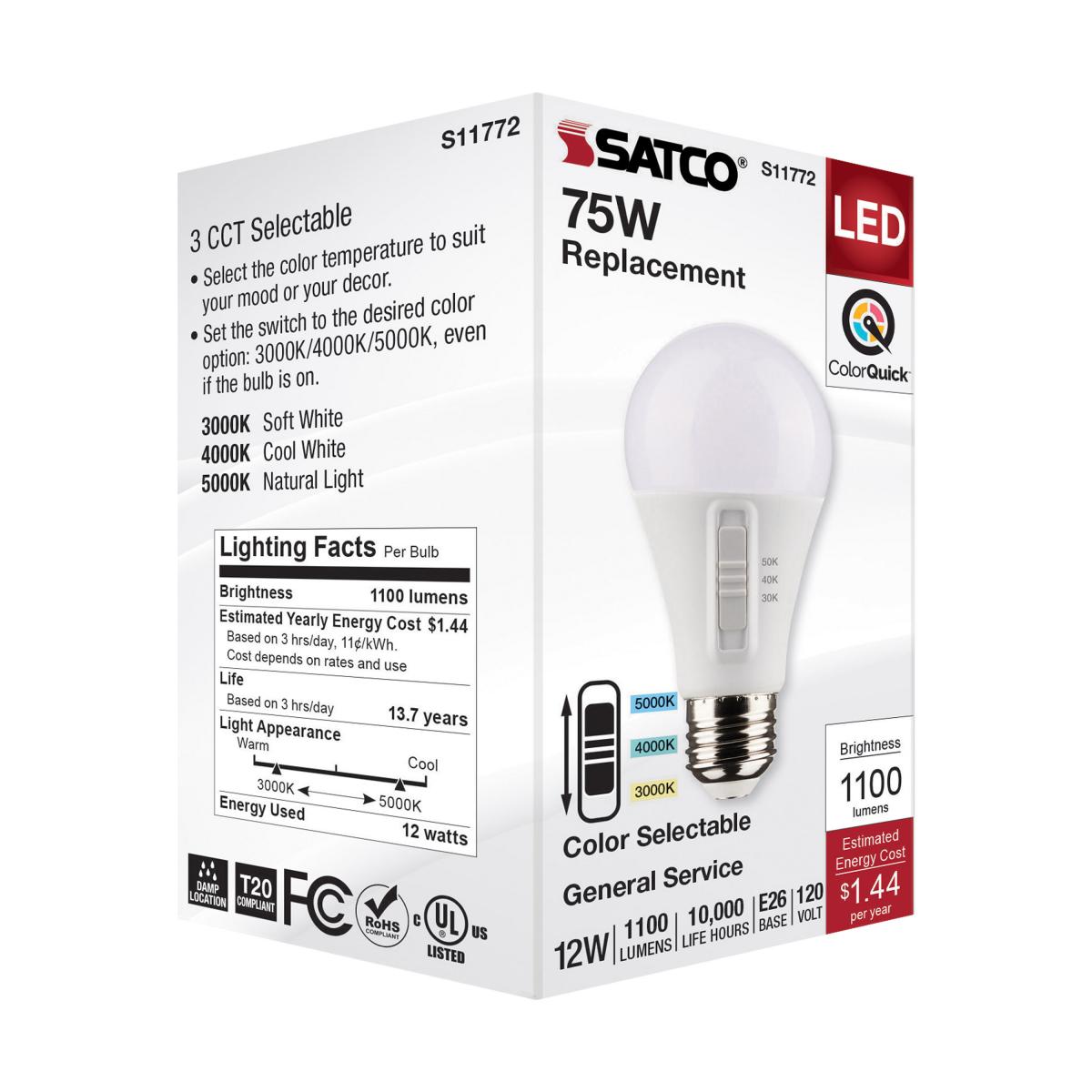 Satco 12w A19 LED 120v CCT Selectable 90 CRI White Finish Bulb