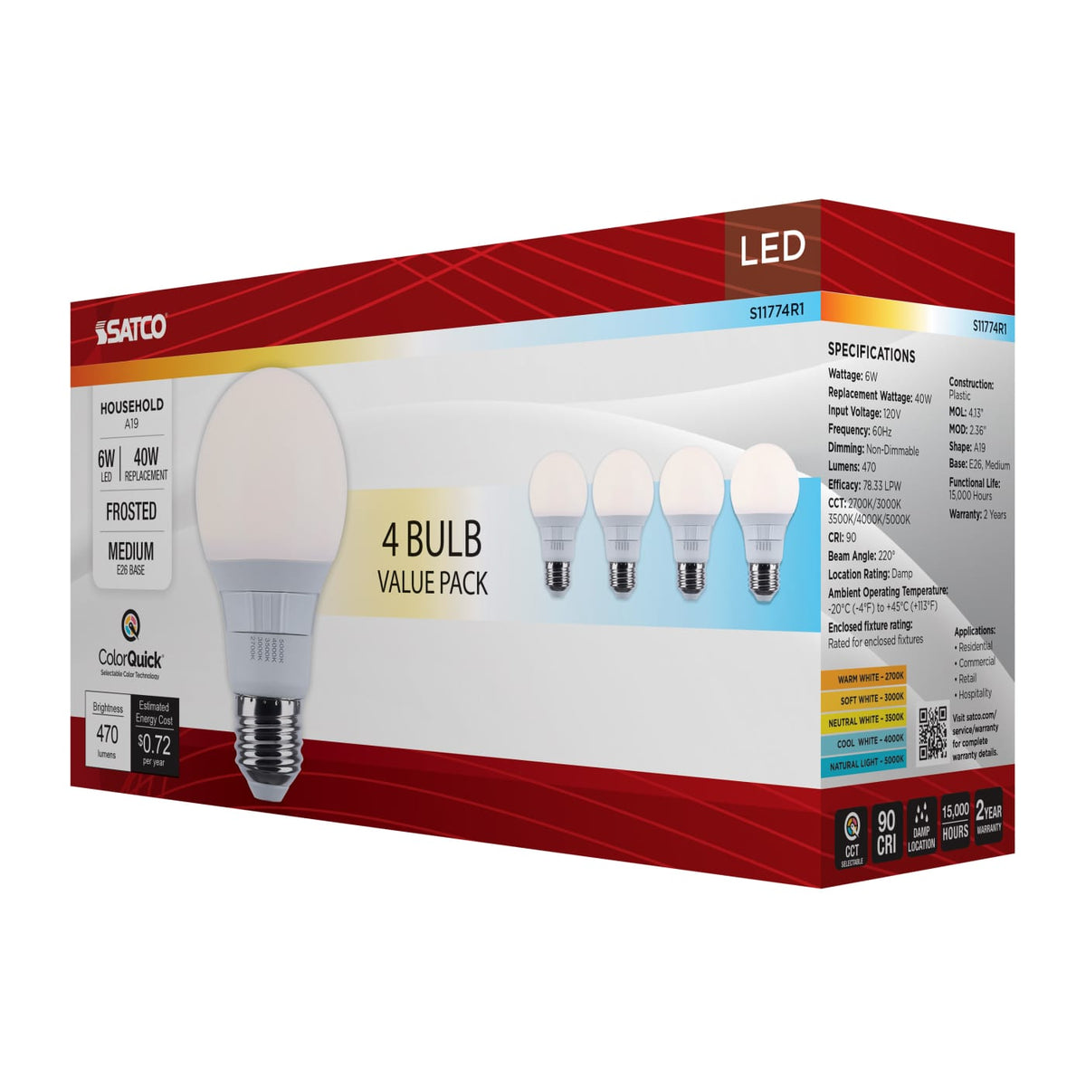 4Pk - Satco 6w A19 LED CCT Selectable Medium Base Frost Finish 120v Bulb