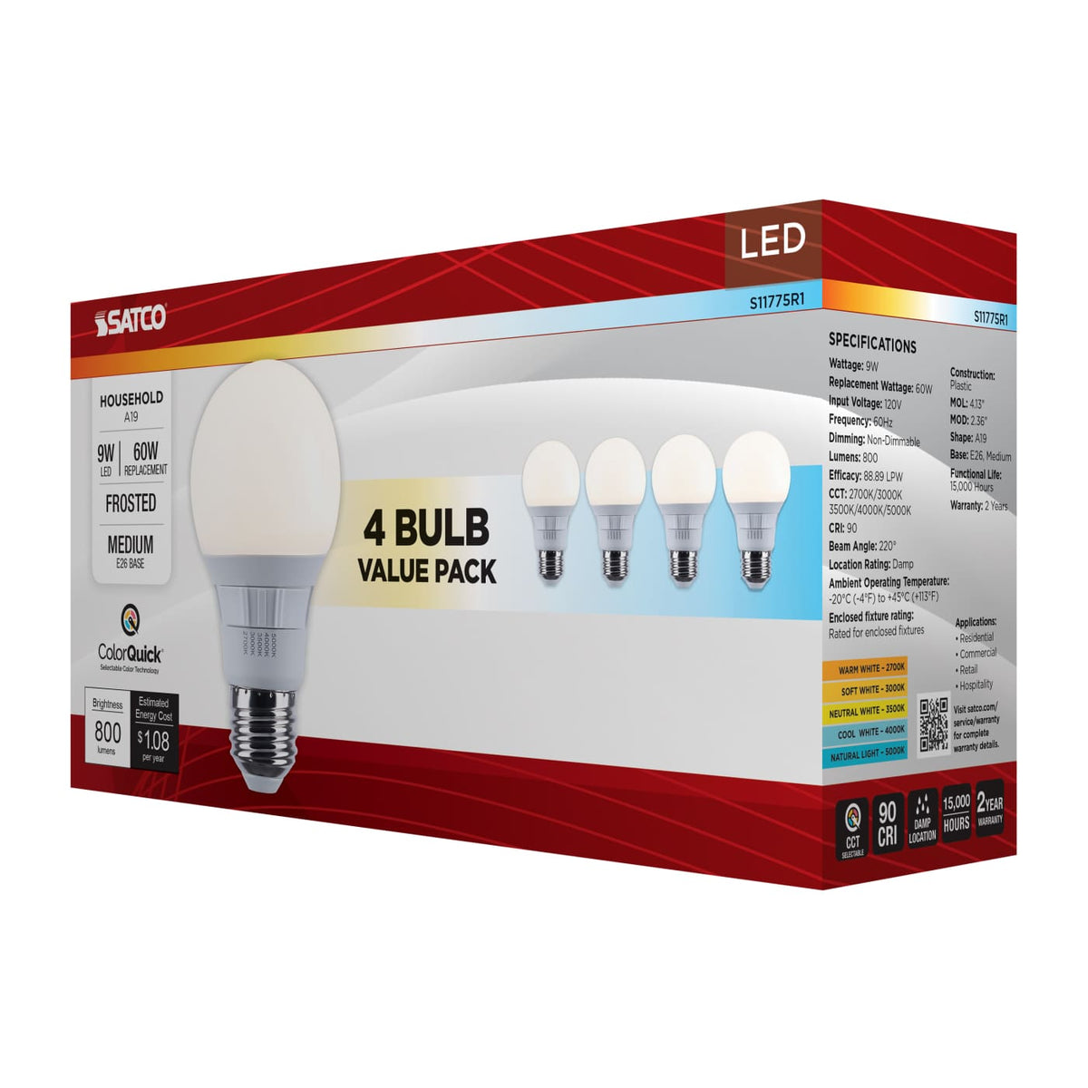 4Pk - Satco 9w A19 LED CCT Selectable Medium Base Frost Finish 120v Bulb