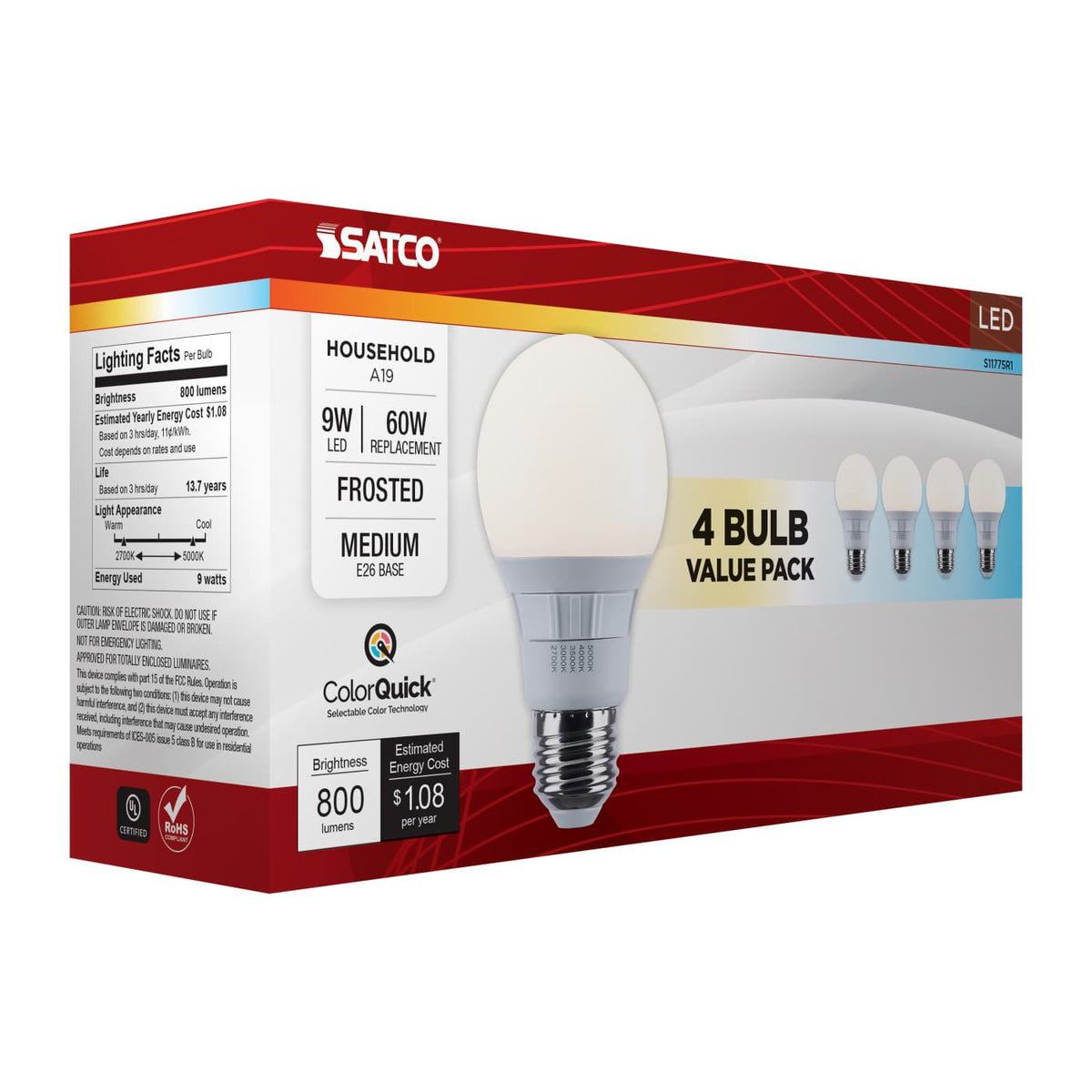 4Pk - Satco 9w A19 LED CCT Selectable Medium Base Frost Finish 120v Bulb