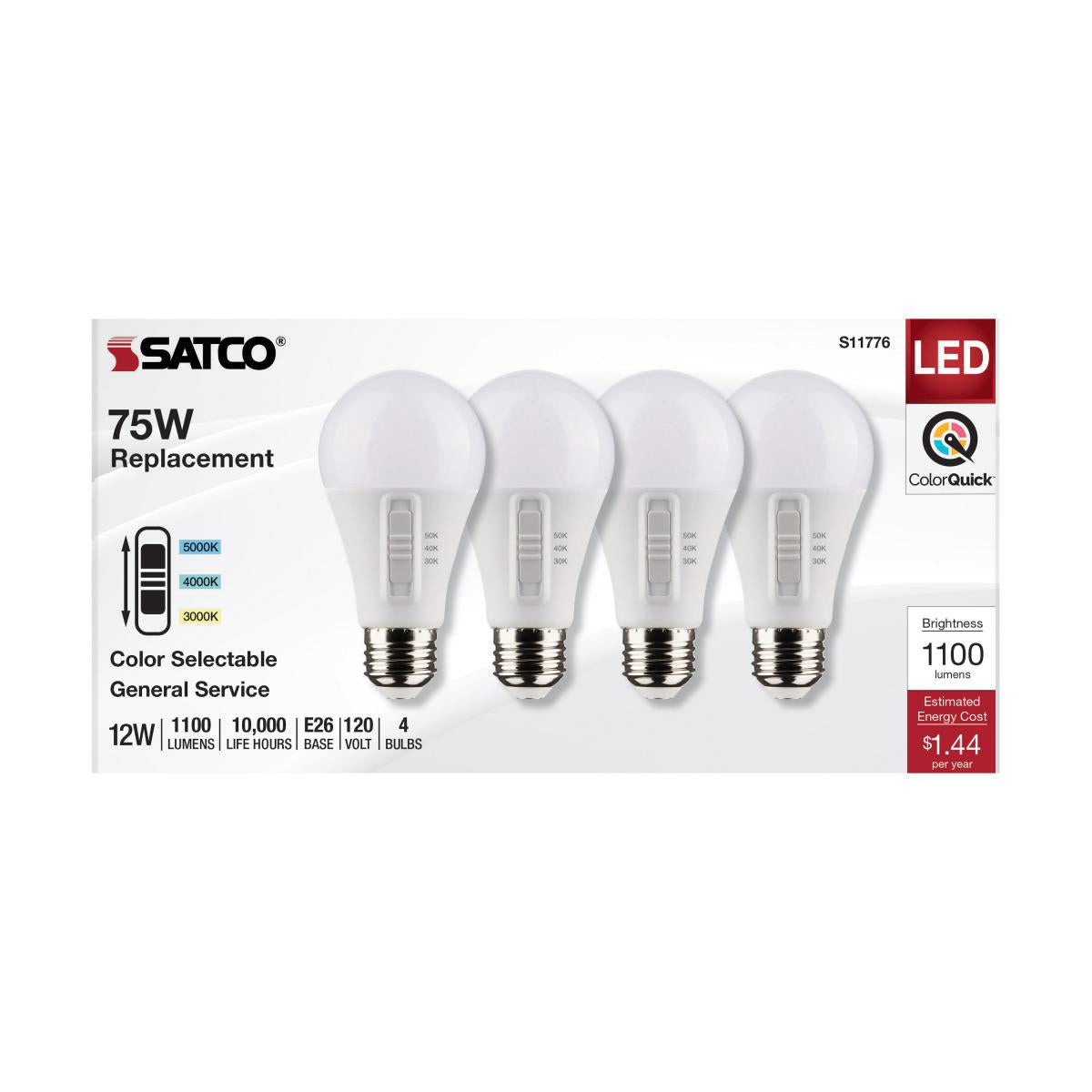 4Pk - Satco 12w A19 LED 120v CCT Selectable 90 CRI White Finish Bulb