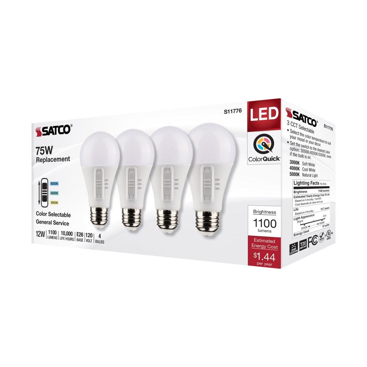 4Pk - Satco 12w A19 LED 120v CCT Selectable 90 CRI White Finish Bulb