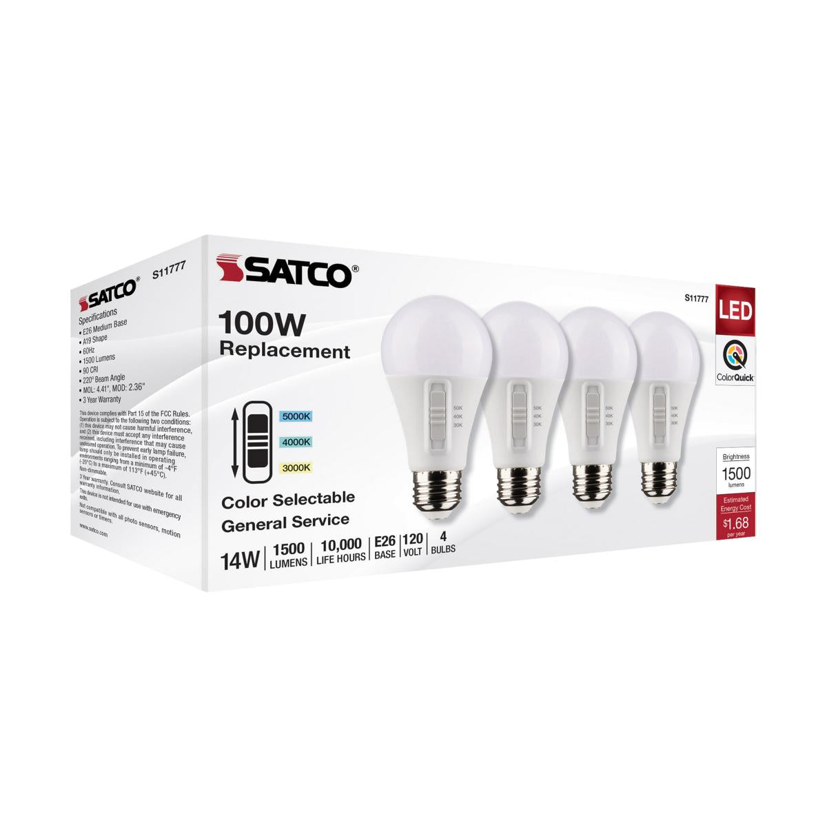 4Pk - Satco 14w A19 LED 120v CCT Selectable 90 CRI White Finish Bulb