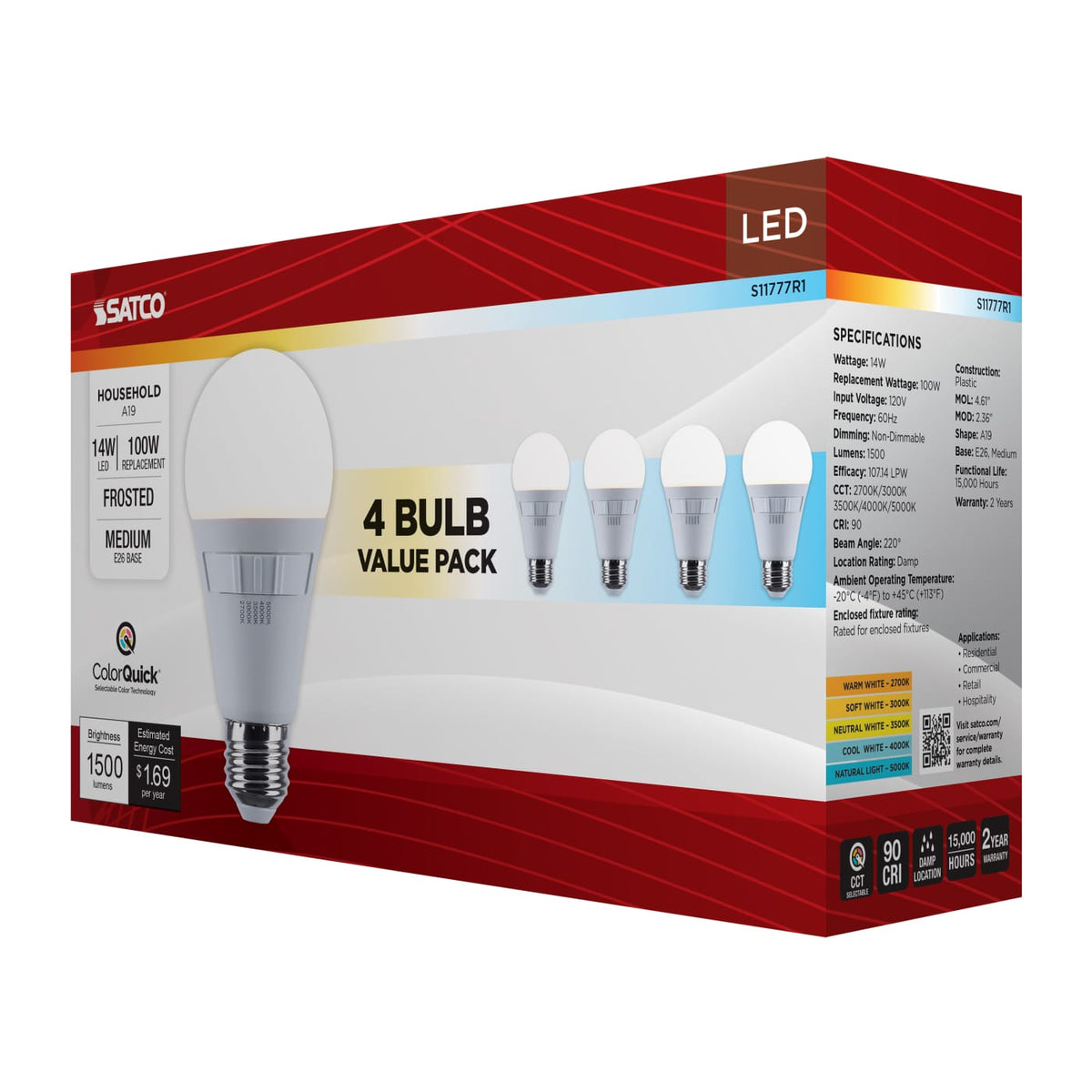 4Pk - Satco 14w A19 LED CCT Selectable Medium Base Frost Finish 120v Bulb