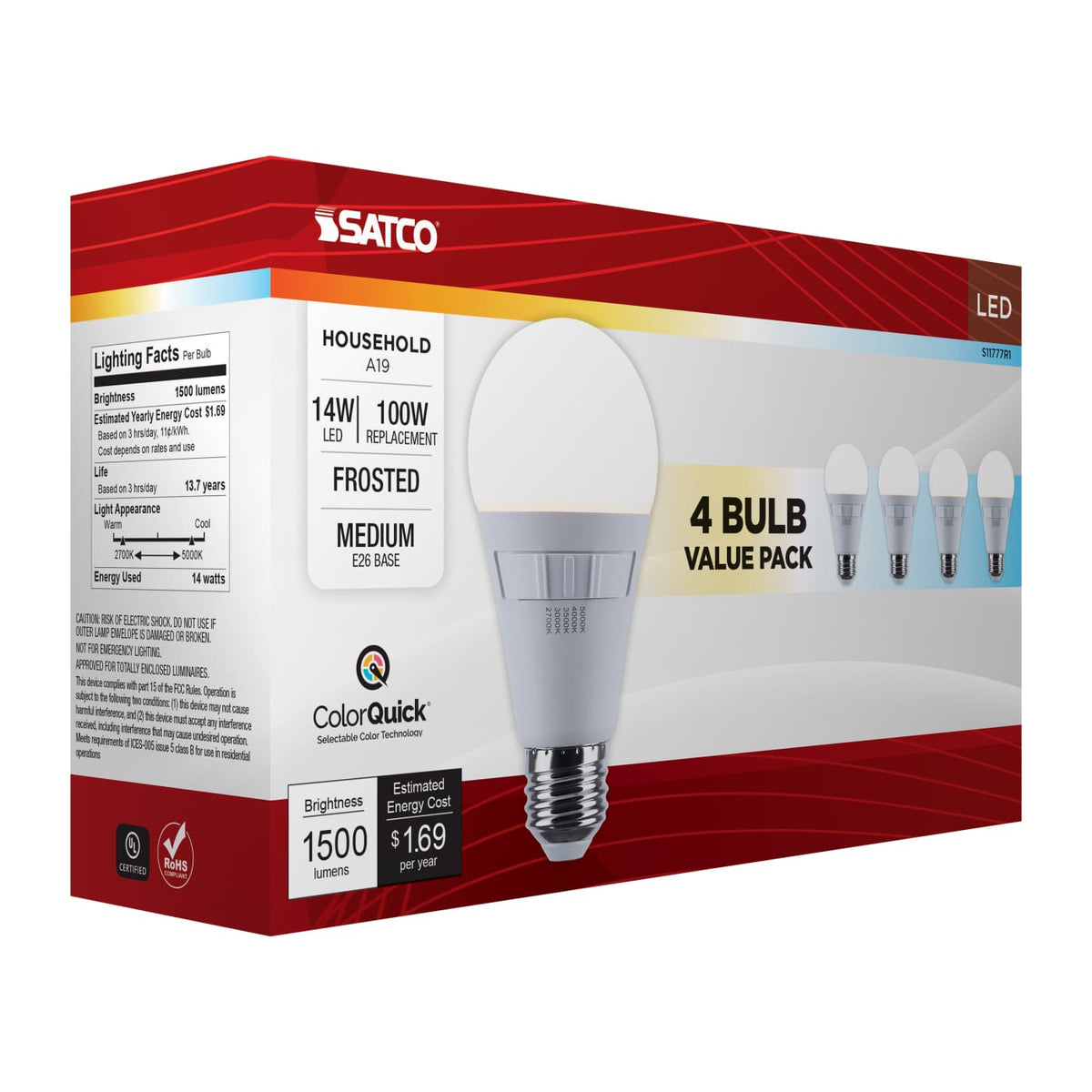 4Pk - Satco 14w A19 LED CCT Selectable Medium Base Frost Finish 120v Bulb