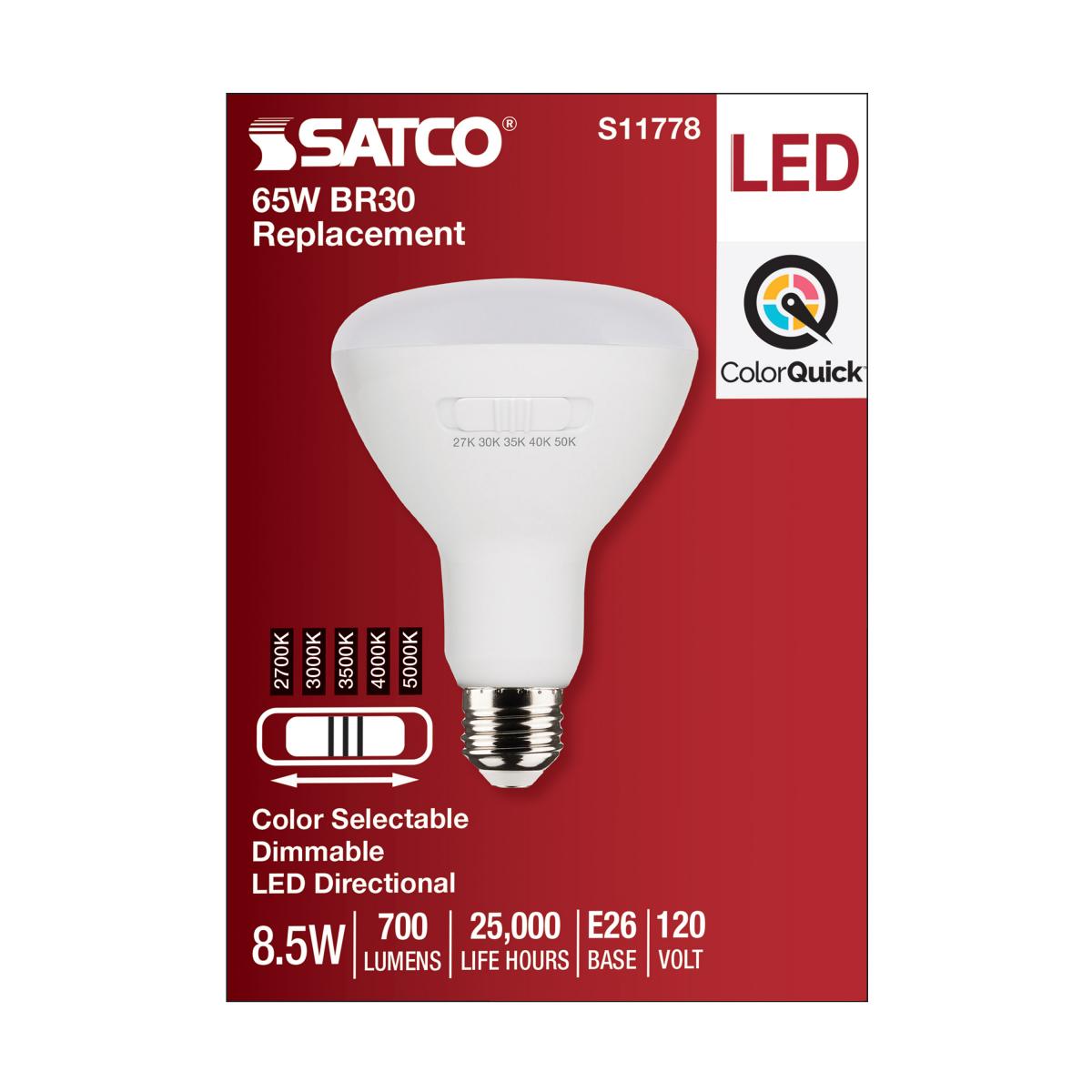 Satco 8.5w BR30 LED 120v CCT Selectable 90 CRI White Finish Bulb