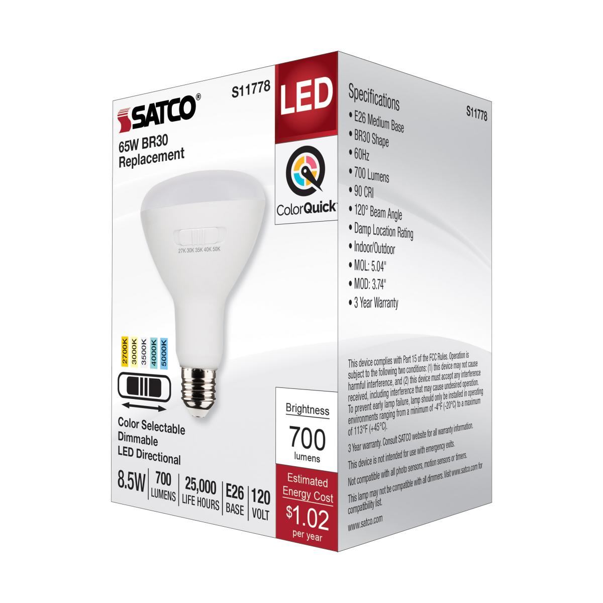 Satco 8.5w BR30 LED 120v CCT Selectable 90 CRI White Finish Bulb