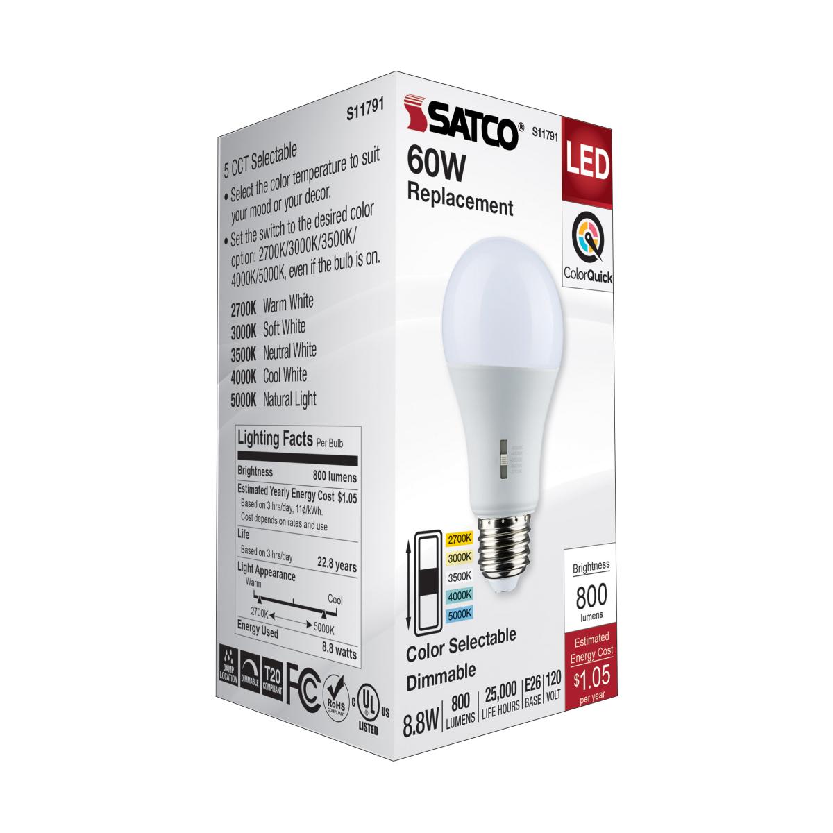 Satco 8.8w A19 LED Medium Base 120v CCT Selectable White Finish Bulb