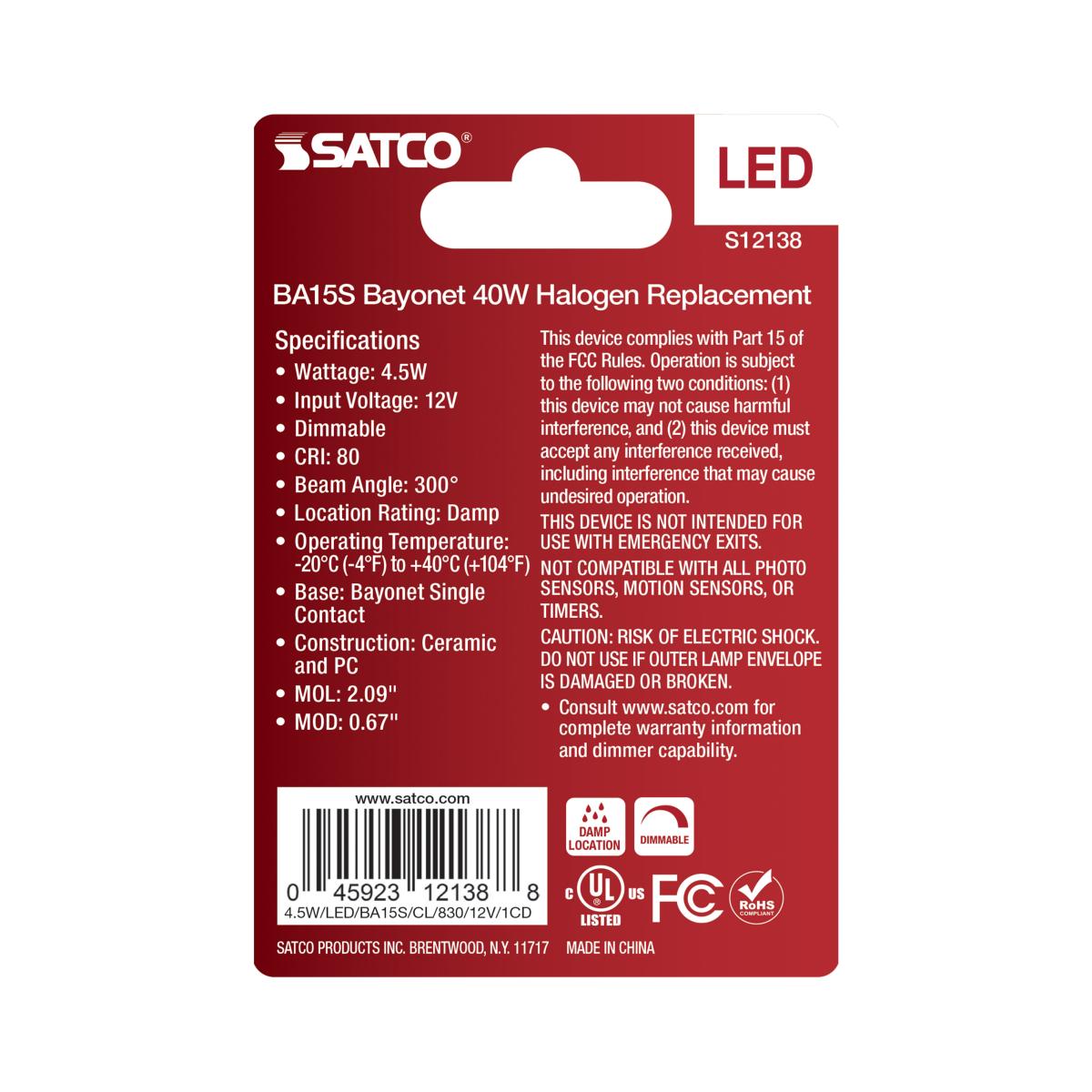 Satco 4.5w Mini LED BA15s Bayonet Single Contact 12v 3000K Clear Finish Bulb