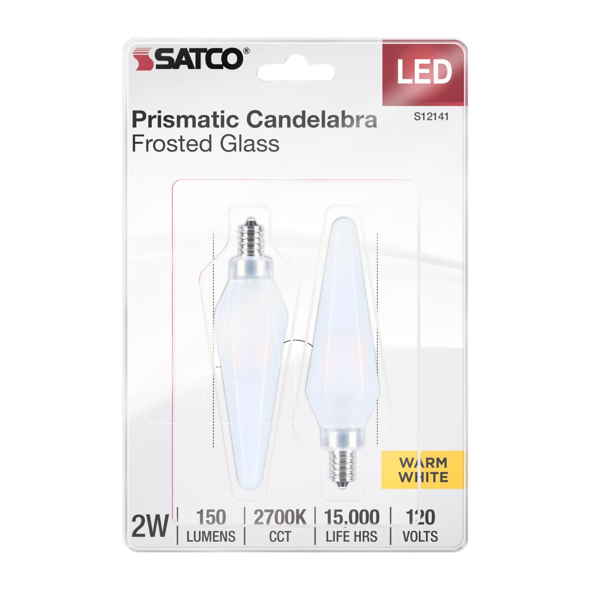 2Pk - Satco 2w Prismatic HX11 LED 2700K CCT E12 Candelabra Base Frosted Finish