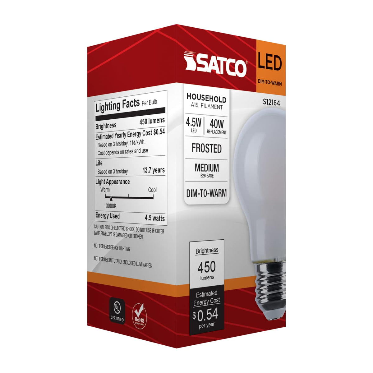 Satco 4.5w LED A15 3000K-2000K Warm Dimming Medium Base Frost Finish Bulb