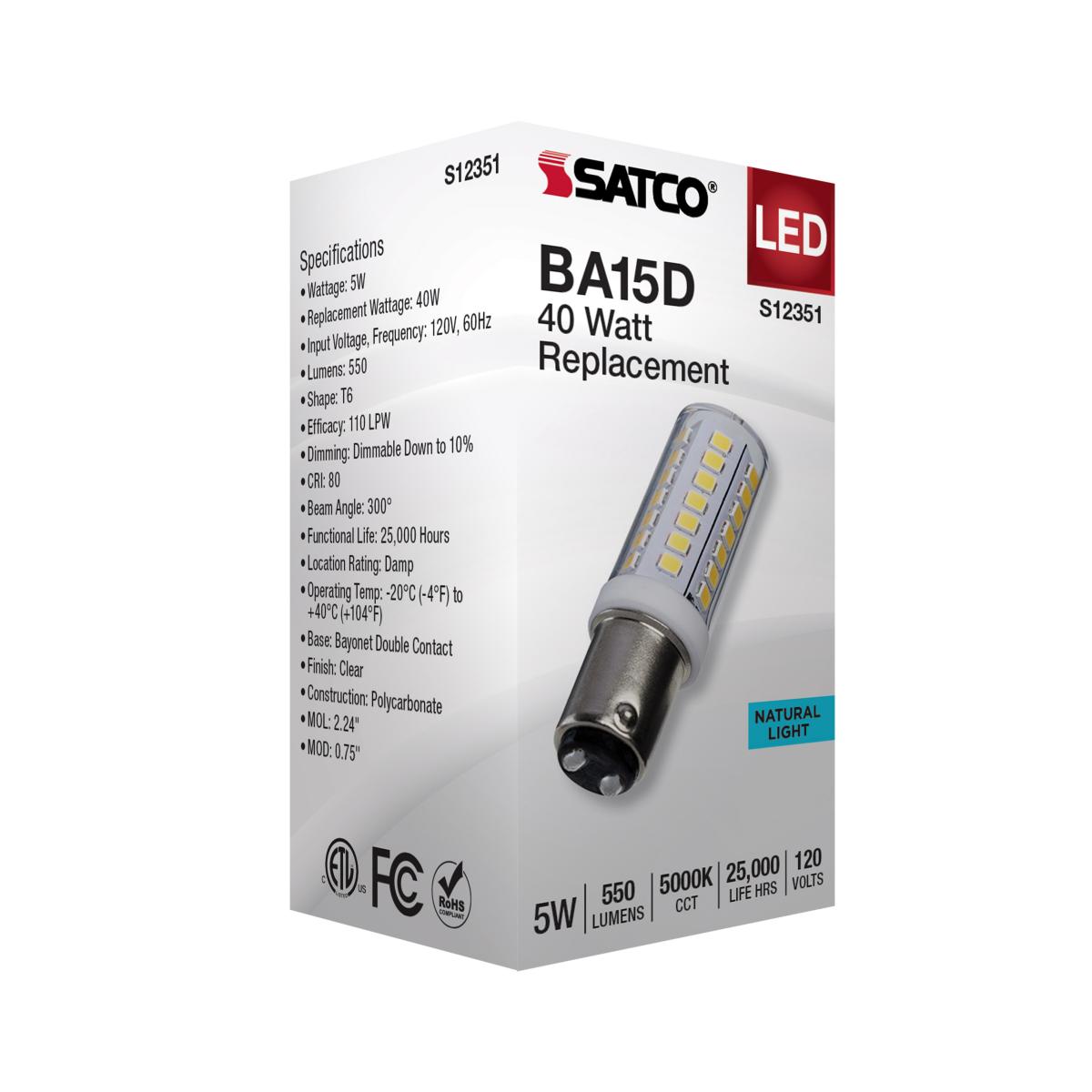 Satco 5w T6 LED 120v DC Base 5000k Clear Finish Bulb