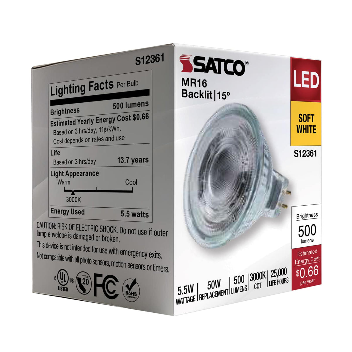 Satco 5.5w MR16 LED Spotlight 3000K CCT GU5.3 Base 12v Bulb