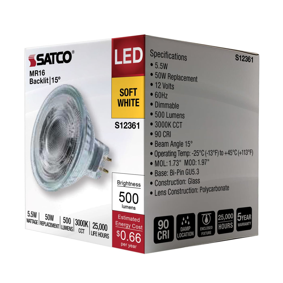 Satco 5.5w MR16 LED Spotlight 3000K CCT GU5.3 Base 12v Bulb