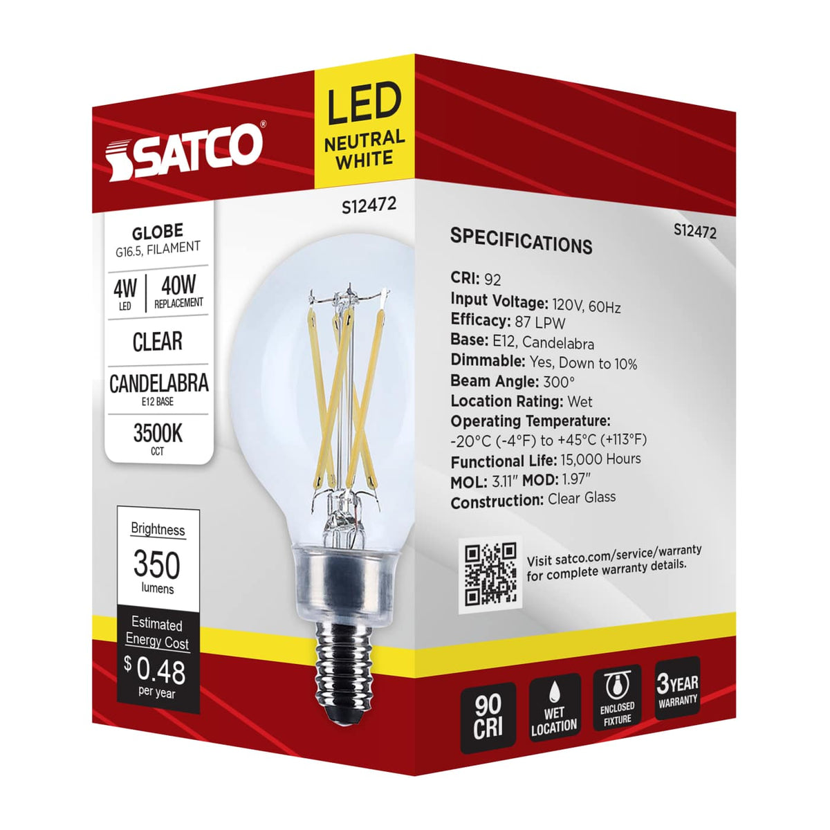 Satco 4w G16.5 LED Candelabra Base Clear 3500K CCT 120v Bulb