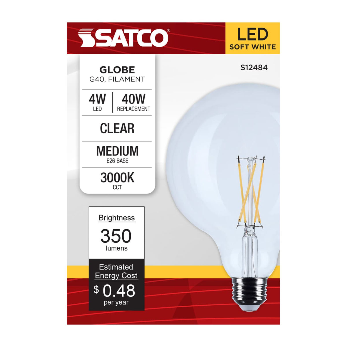 Satco 4w G40 LED Medium Base Clear 3000K CCT 120v Bulb