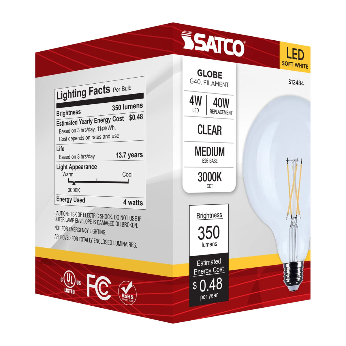 Satco 4w G40 LED Medium Base Clear 3000K CCT 120v Bulb