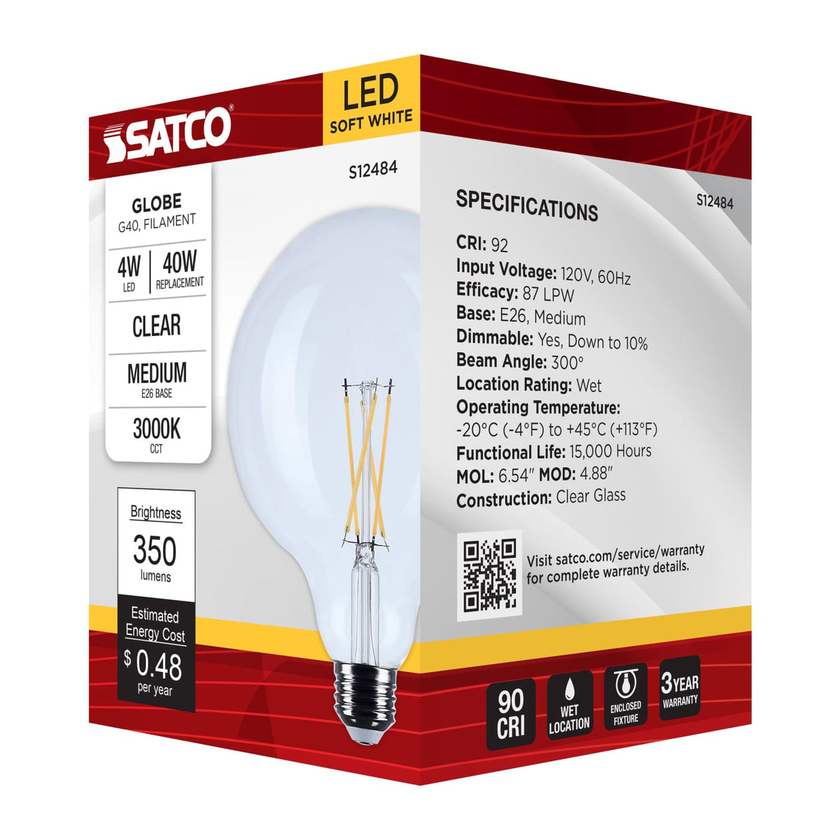 Satco 4w G40 LED Medium Base Clear 3000K CCT 120v Bulb