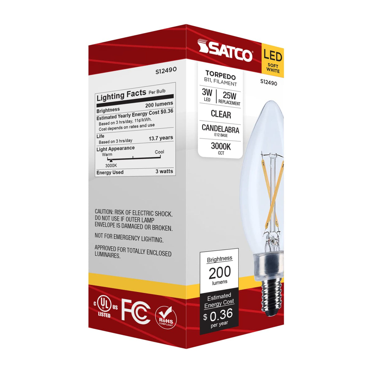 Satco 3w B11 LED Candelabra Base Clear 3000K CCT 120v Bulb