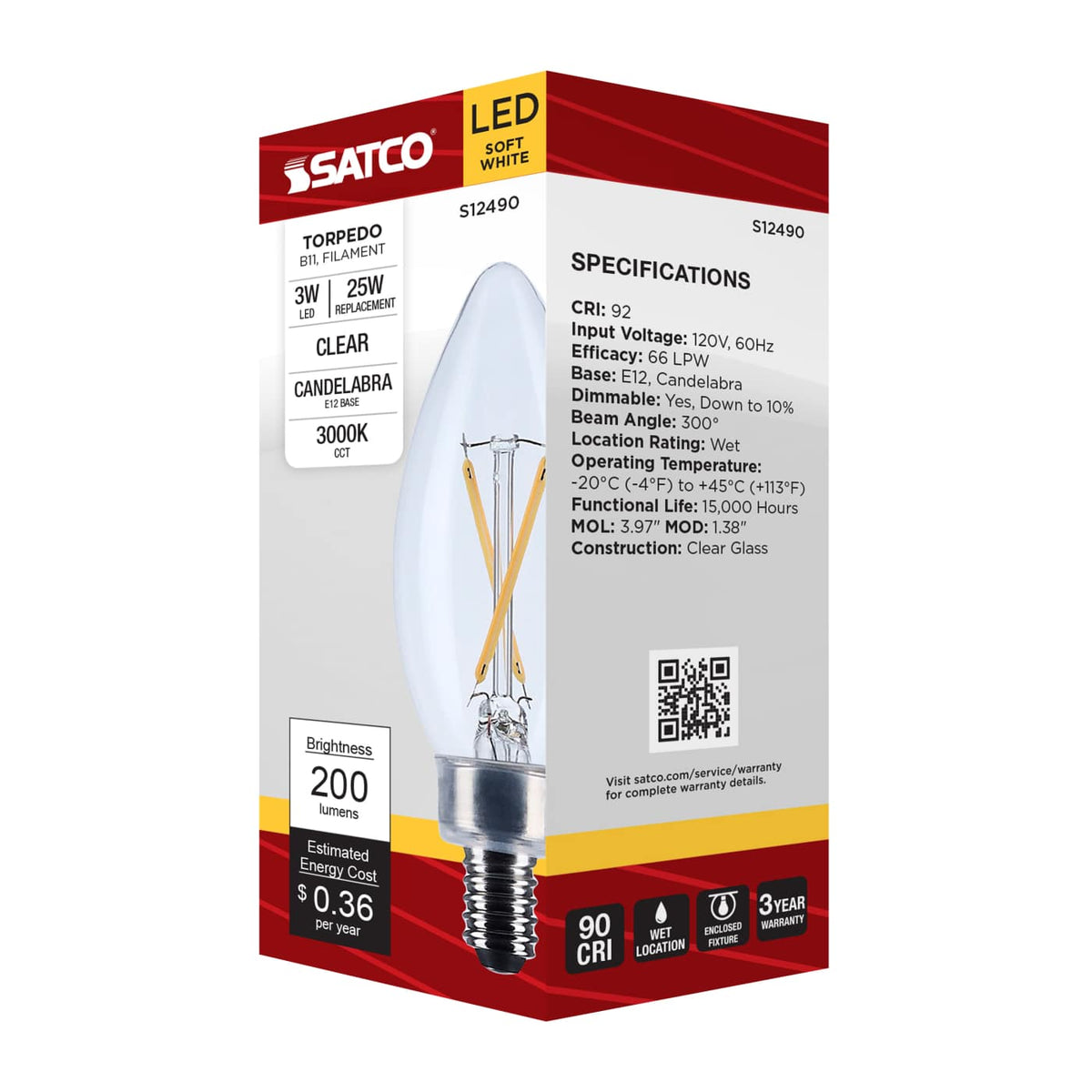 Satco 3w B11 LED Candelabra Base Clear 3000K CCT 120v Bulb