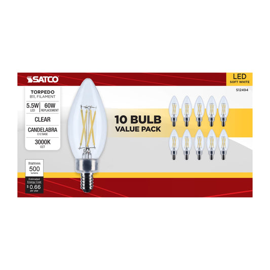 10Pk - Satco 5.5w B11 LED Candelabra Base Clear 3000K CCT 120v Bulb