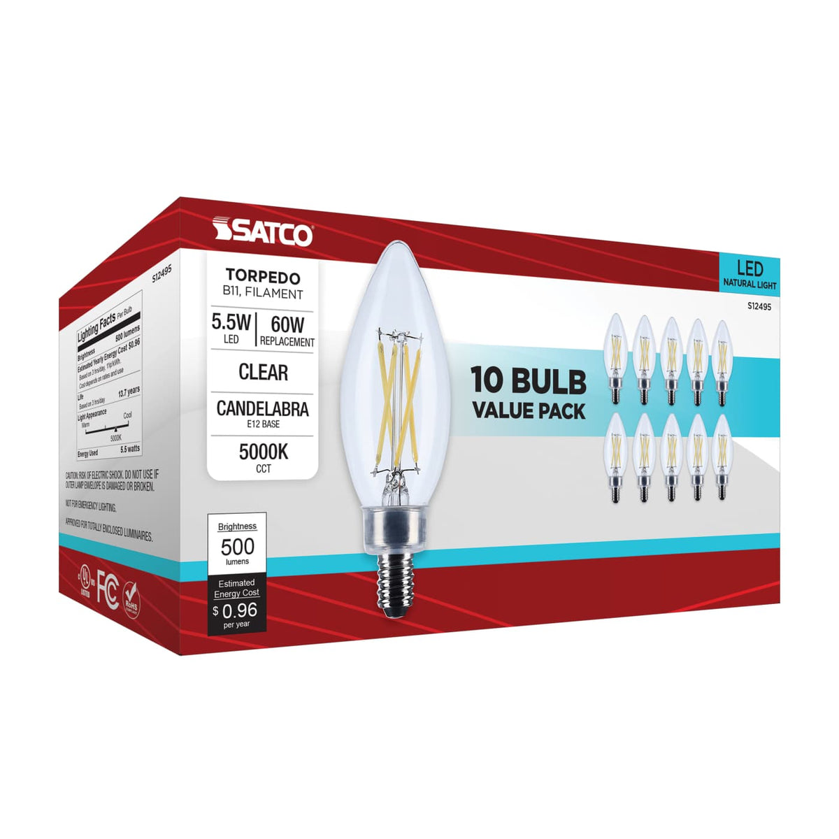 10Pk - Satco 5.5w B11 LED Candelabra Base Clear 5000K CCT 120v Bulb