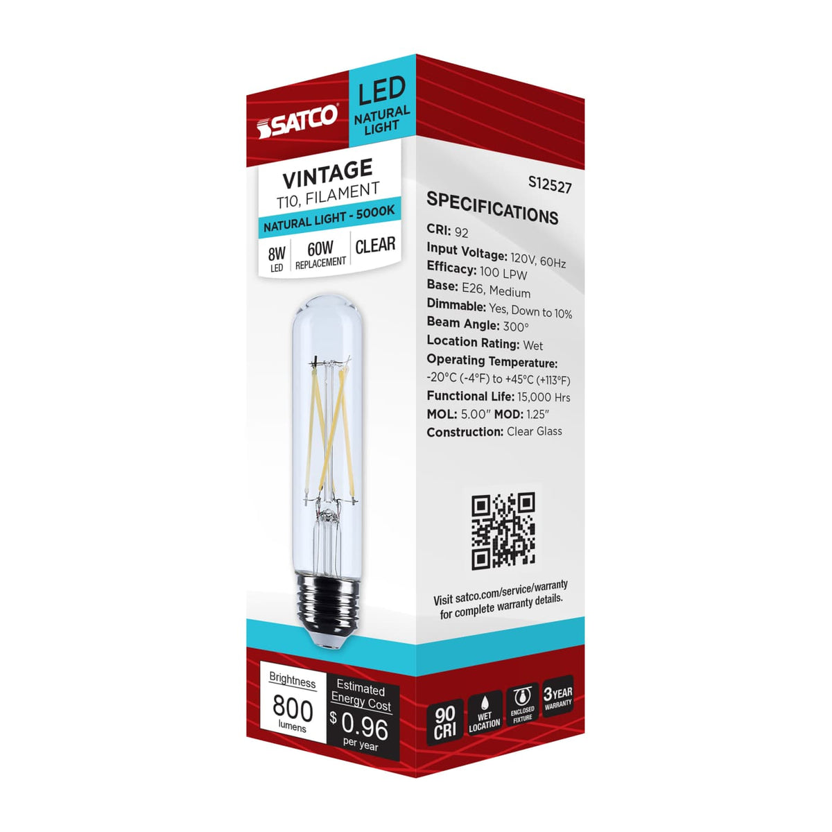 Satco 8w T10 LED Medium Base Clear 5000K CCT 120v Bulb
