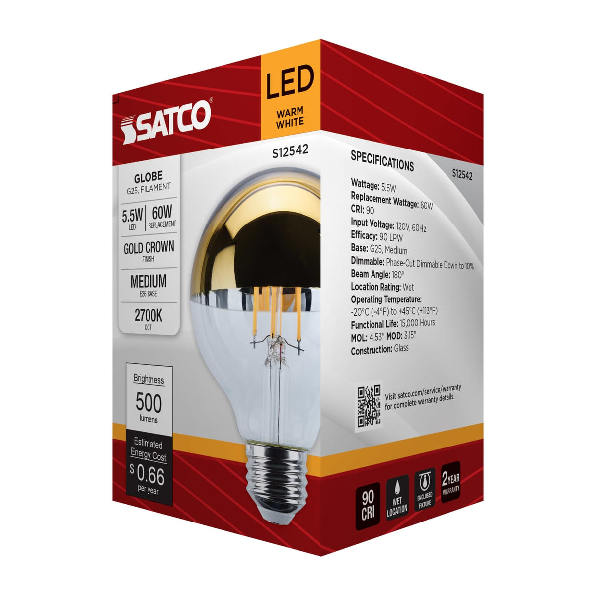 Satco 5.5w G25 LED Medium Base 2700K CCT Gold Crown 60w Replacement Bulb