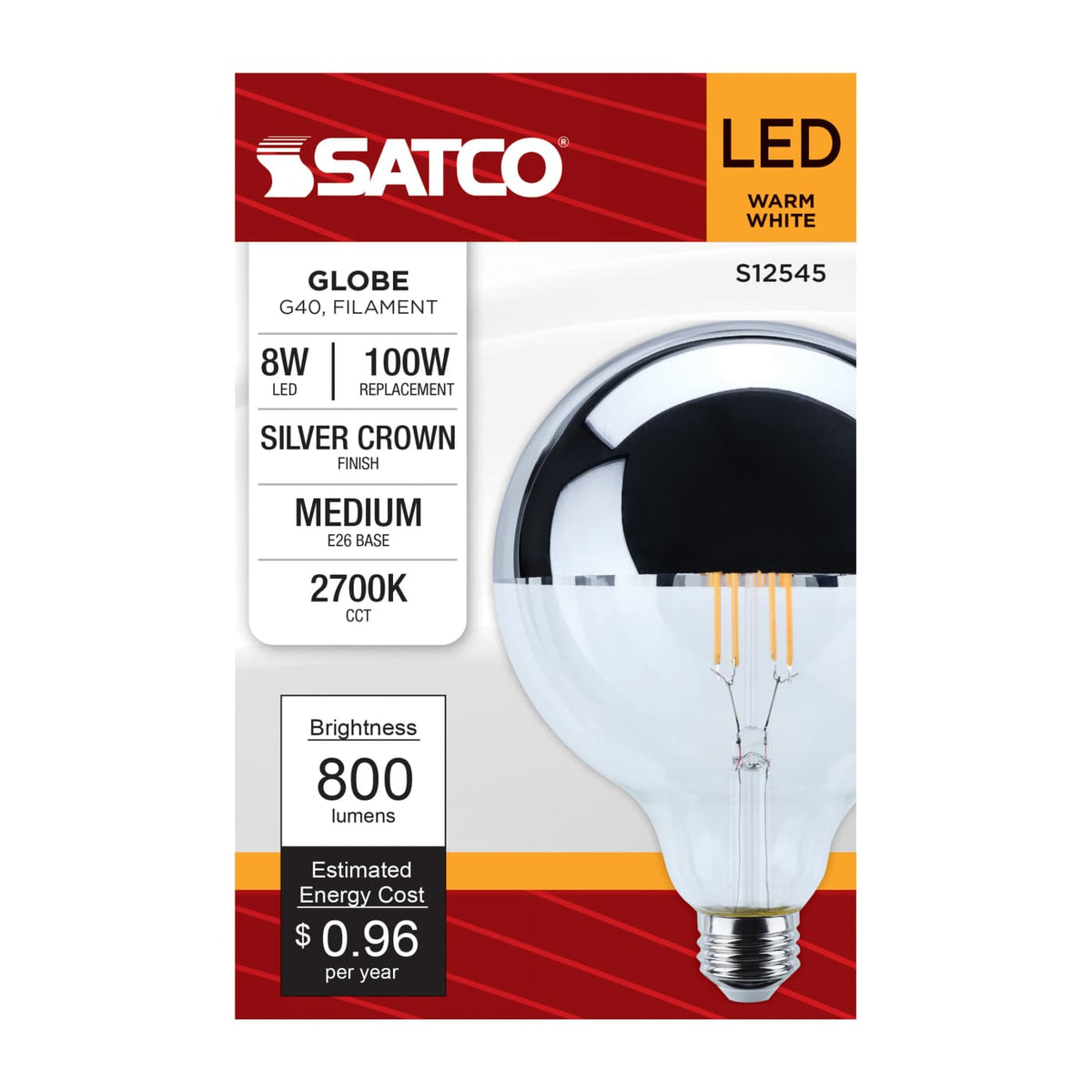 Satco 8w G40 LED Medium Base 2700K CCT Silver Crown 100w Replacement Bulb