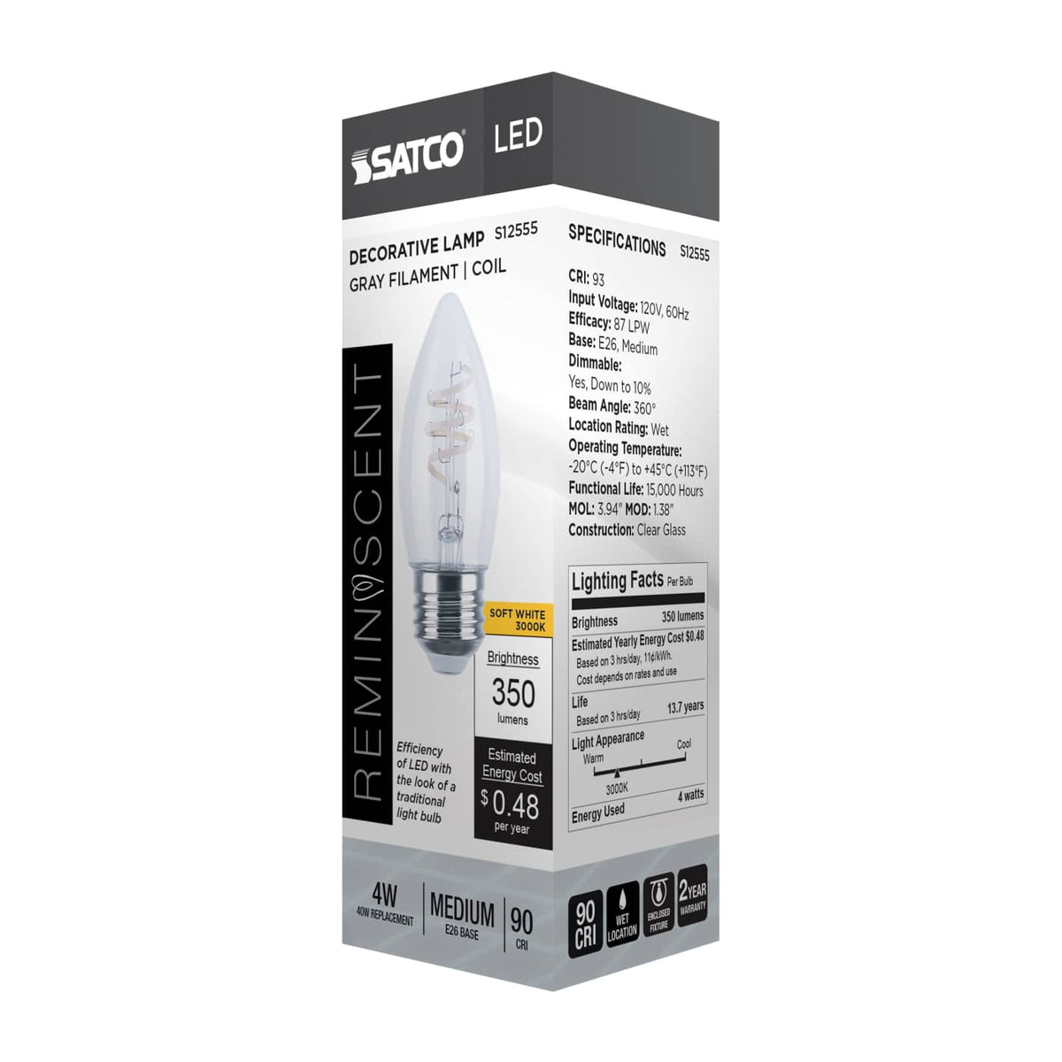 Satco 4w B11 LED Reminiscent Flex Gray Coil Filament E26 3000K 120v Bulb