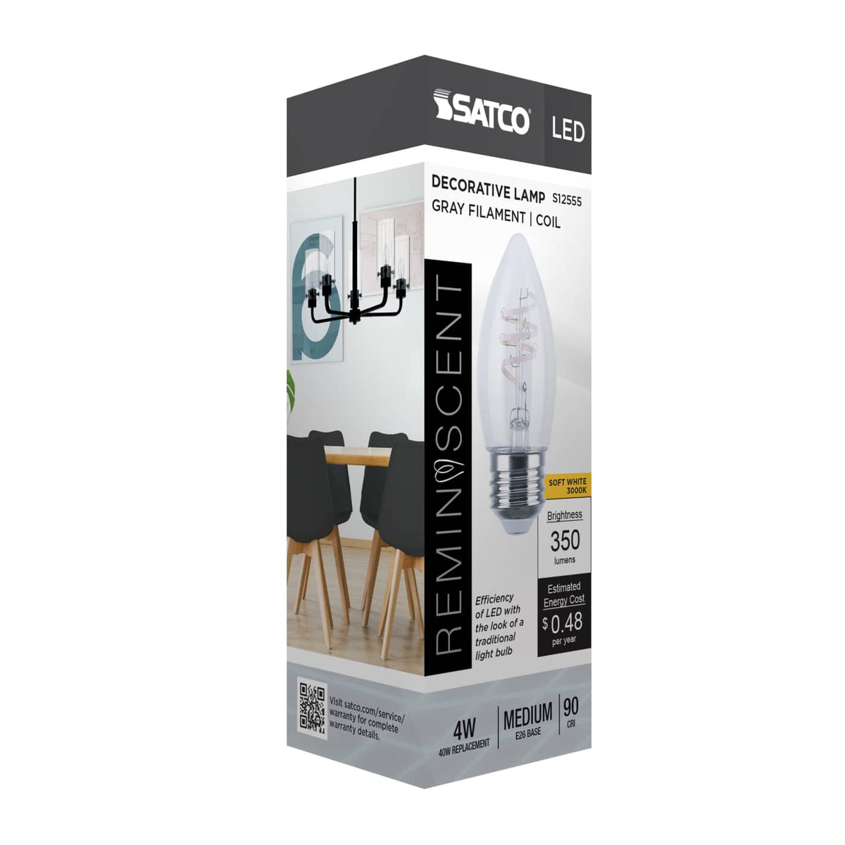 Satco 4w B11 LED Reminiscent Flex Gray Coil Filament E26 3000K 120v Bulb