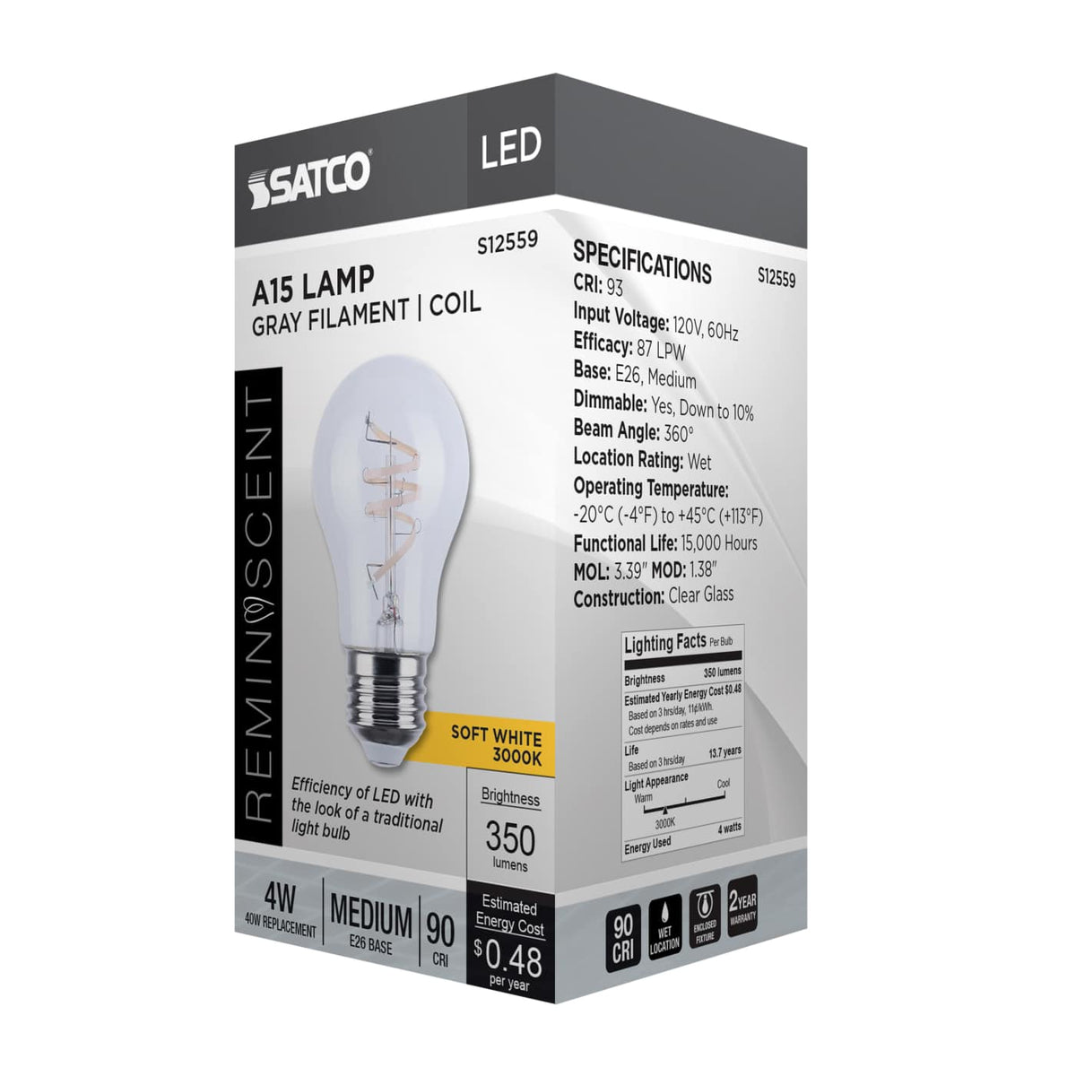 Satco 4w A15 LED Reminiscent Flex Gray Coil Filament E26 3000K 120v Bulb