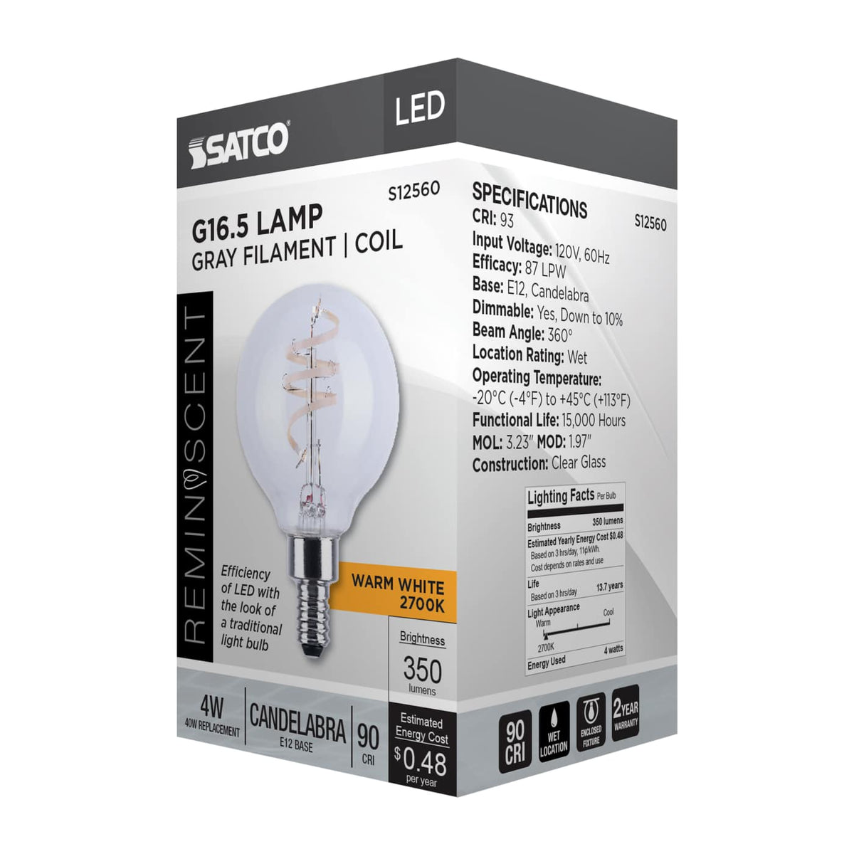 Satco 4w G16.5 LED Reminiscent Flex Gray Coil Filament E12 2700K 120v Bulb