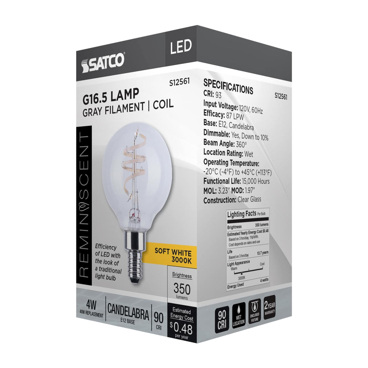 Satco 4w G16.5 LED Reminiscent Flex Gray Coil Filament E12 3000K 120v Bulb