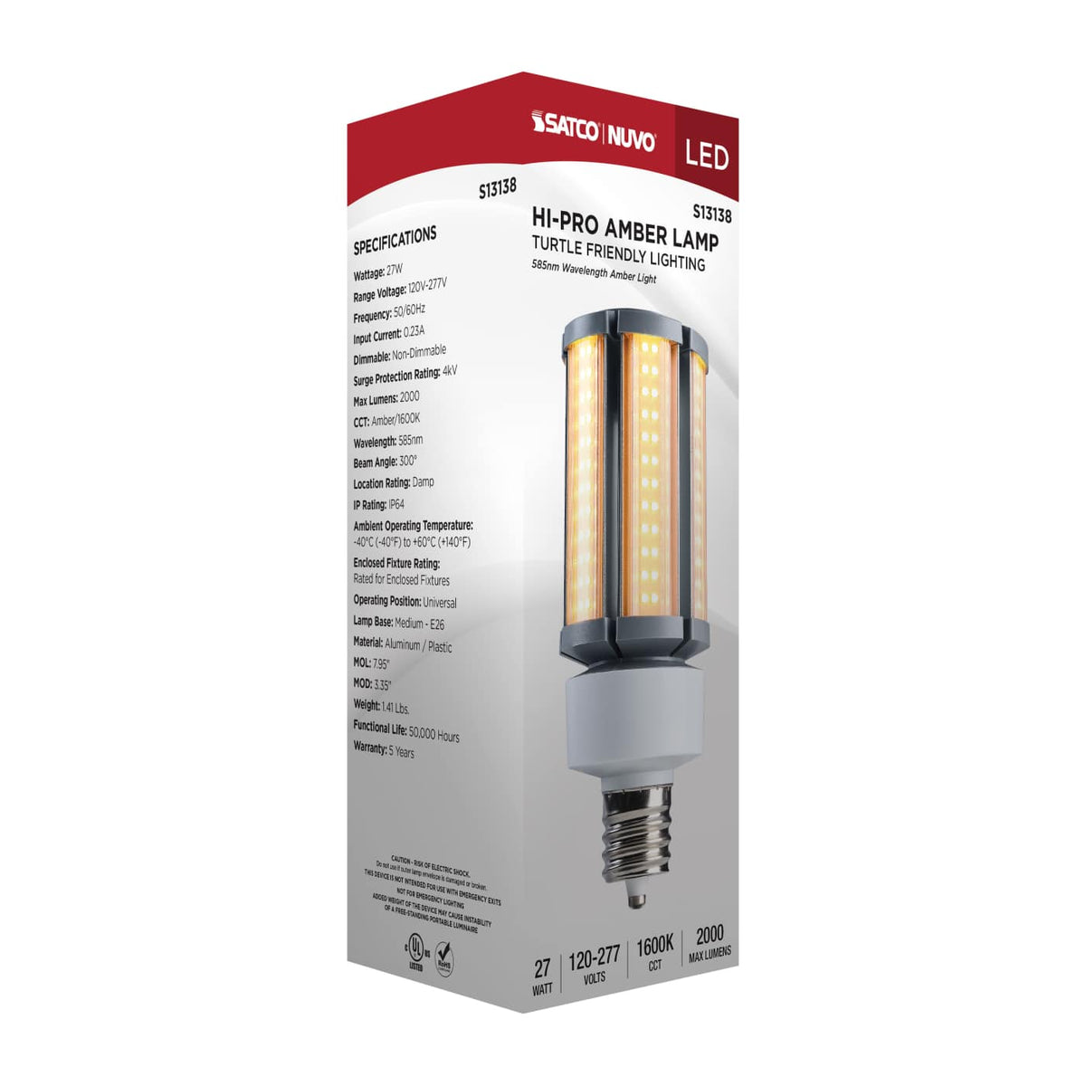 Satco 27w 1600K Turtle Friendly 585Nm Amber Corncob Bulb