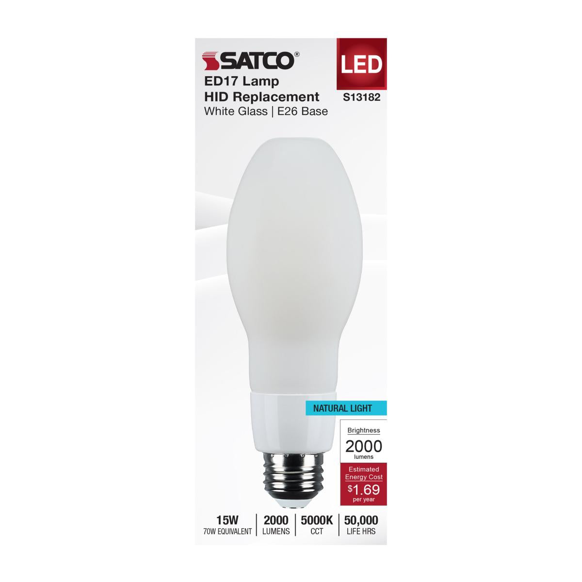 Satco 15w LED HID Replacement ED17 5000K E26 Base 120-277v White Finish Bulb