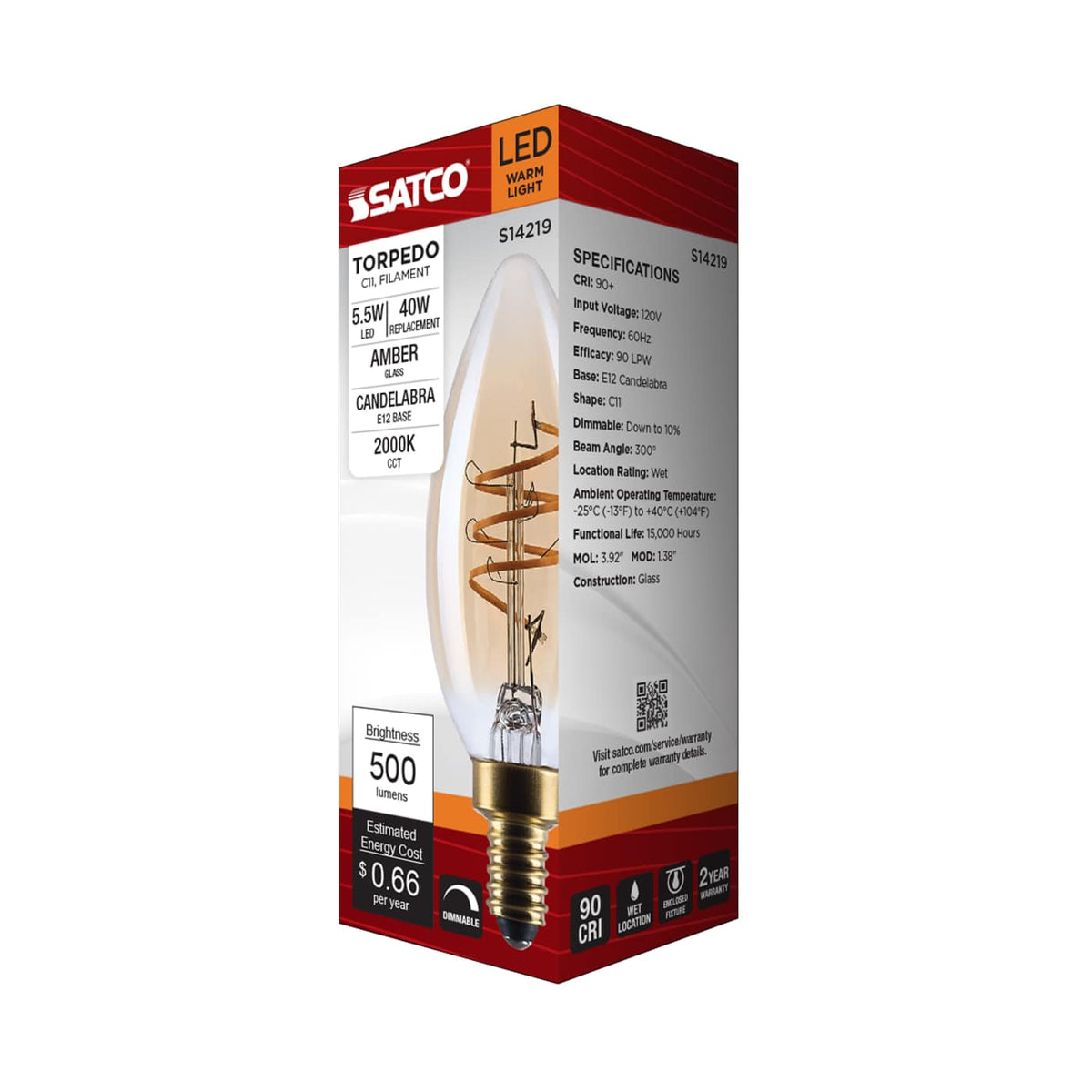 Satco 5.5w C11 LED 2000K CCT Candelabra Base Clear Glass 120v Bulb