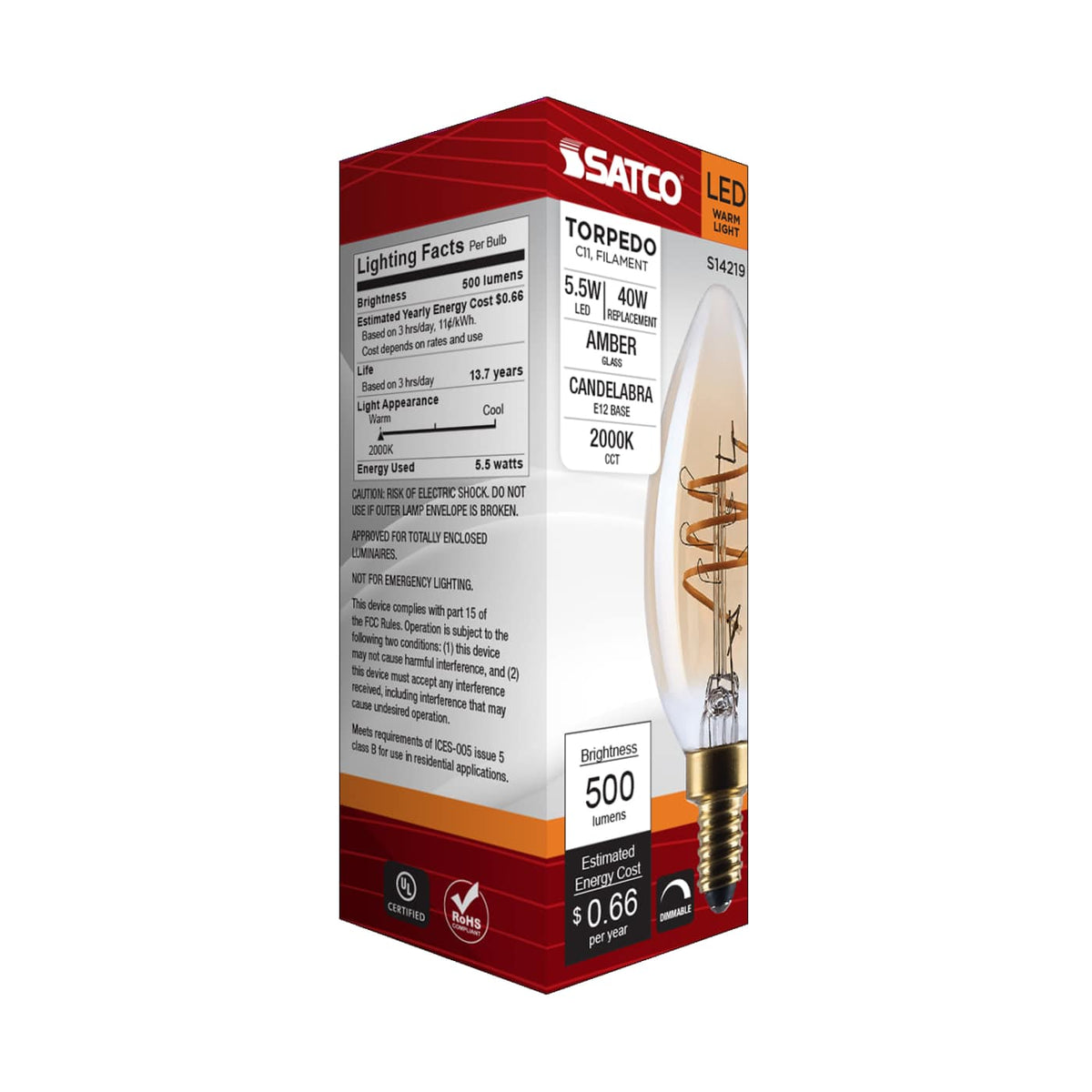 Satco 5.5w C11 LED 2000K CCT Candelabra Base Clear Glass 120v Bulb