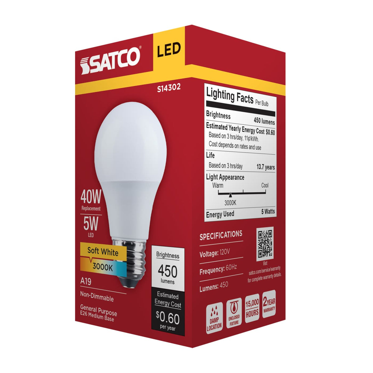 Satco 5w LED A19 3000K CCT Selectable E26 Base 120v Bulb