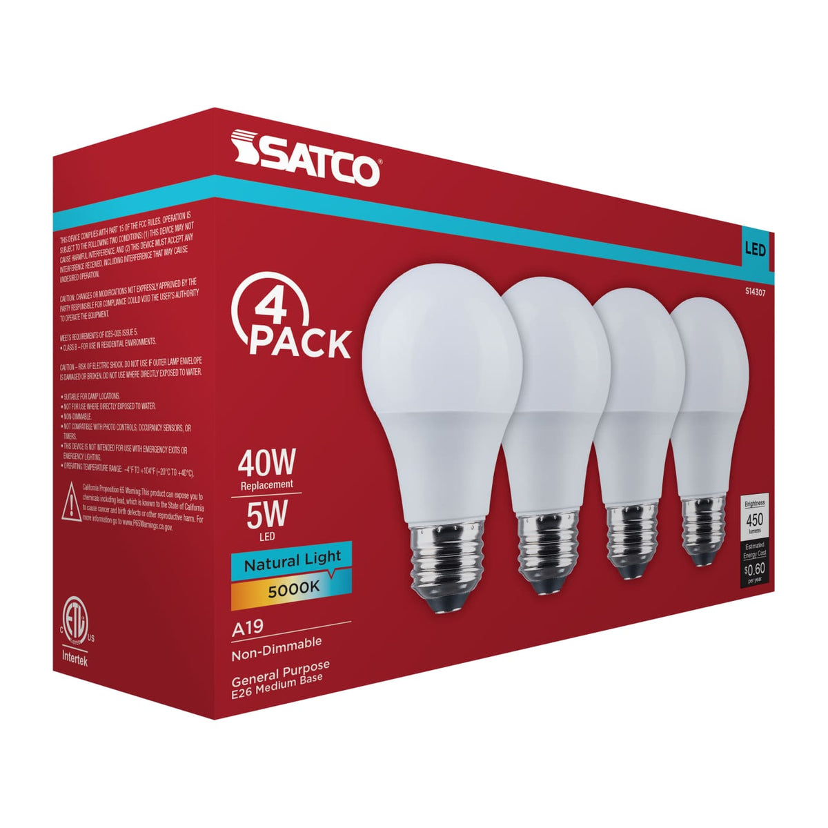 4Pk - Satco 5w LED A19 5000K CCT Selectable E26 Base 120v Bulb