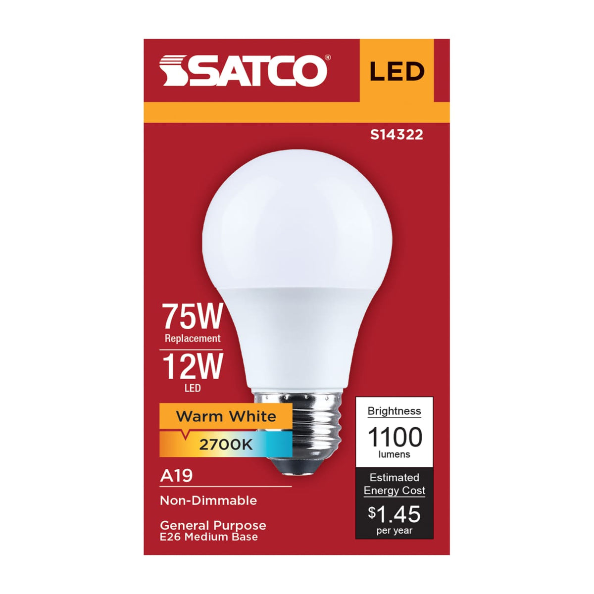 Satco 12w LED A19 2700K CCT Selectable E26 Base 120v Bulb
