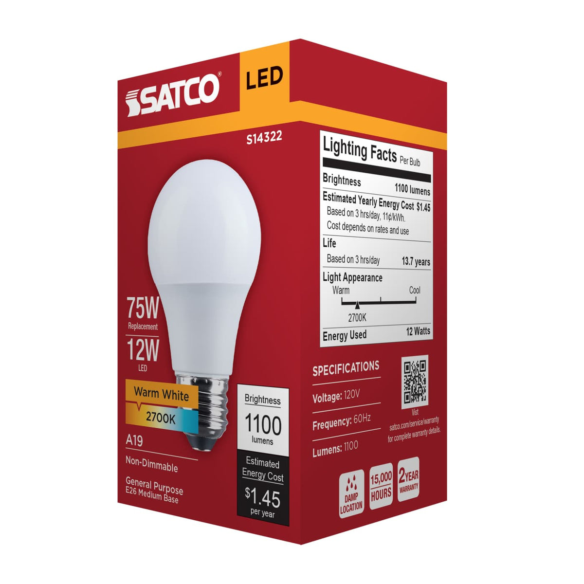 Satco 12w LED A19 2700K CCT Selectable E26 Base 120v Bulb