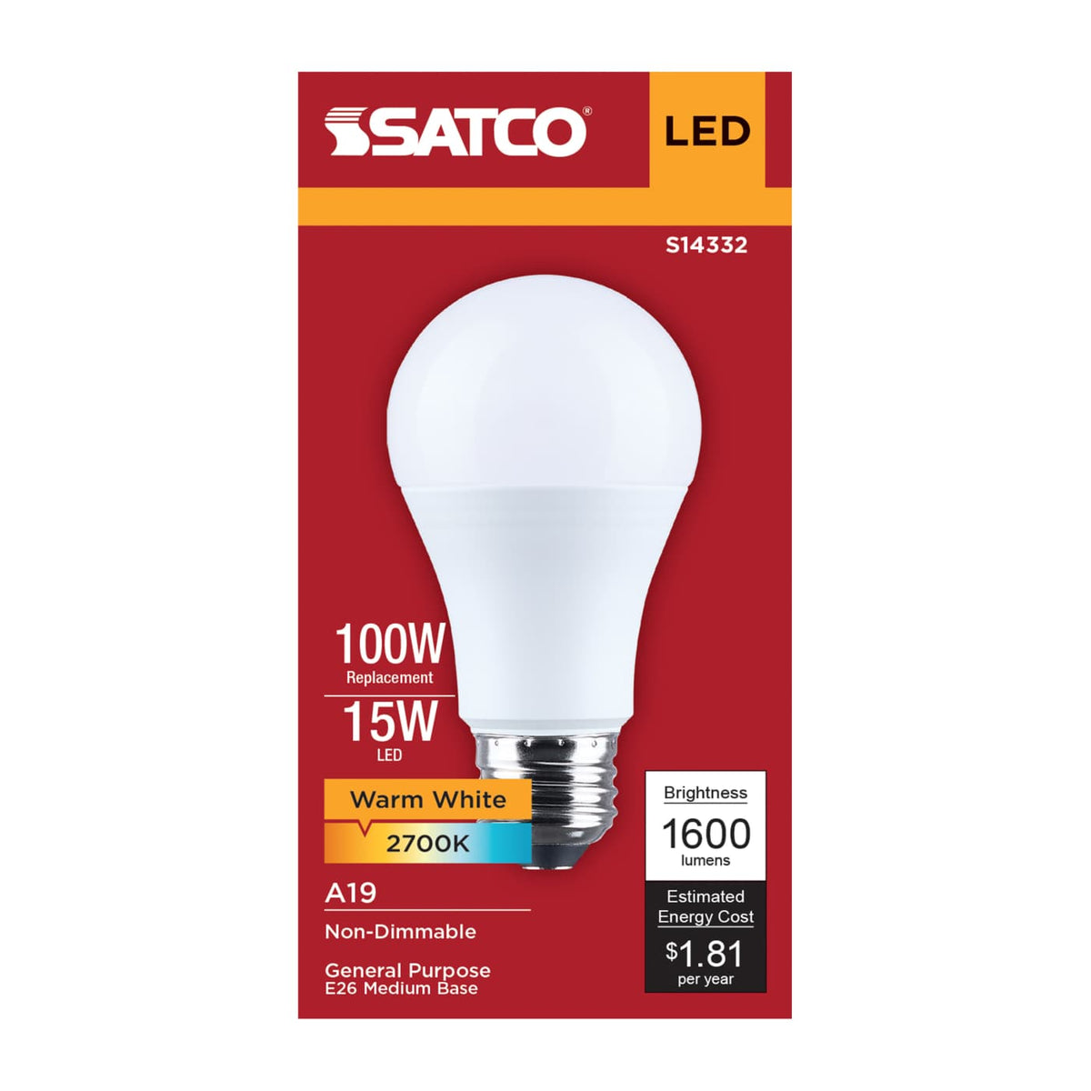 Satco 15w LED A19 2700K CCT Selectable E26 Base 120v Bulb