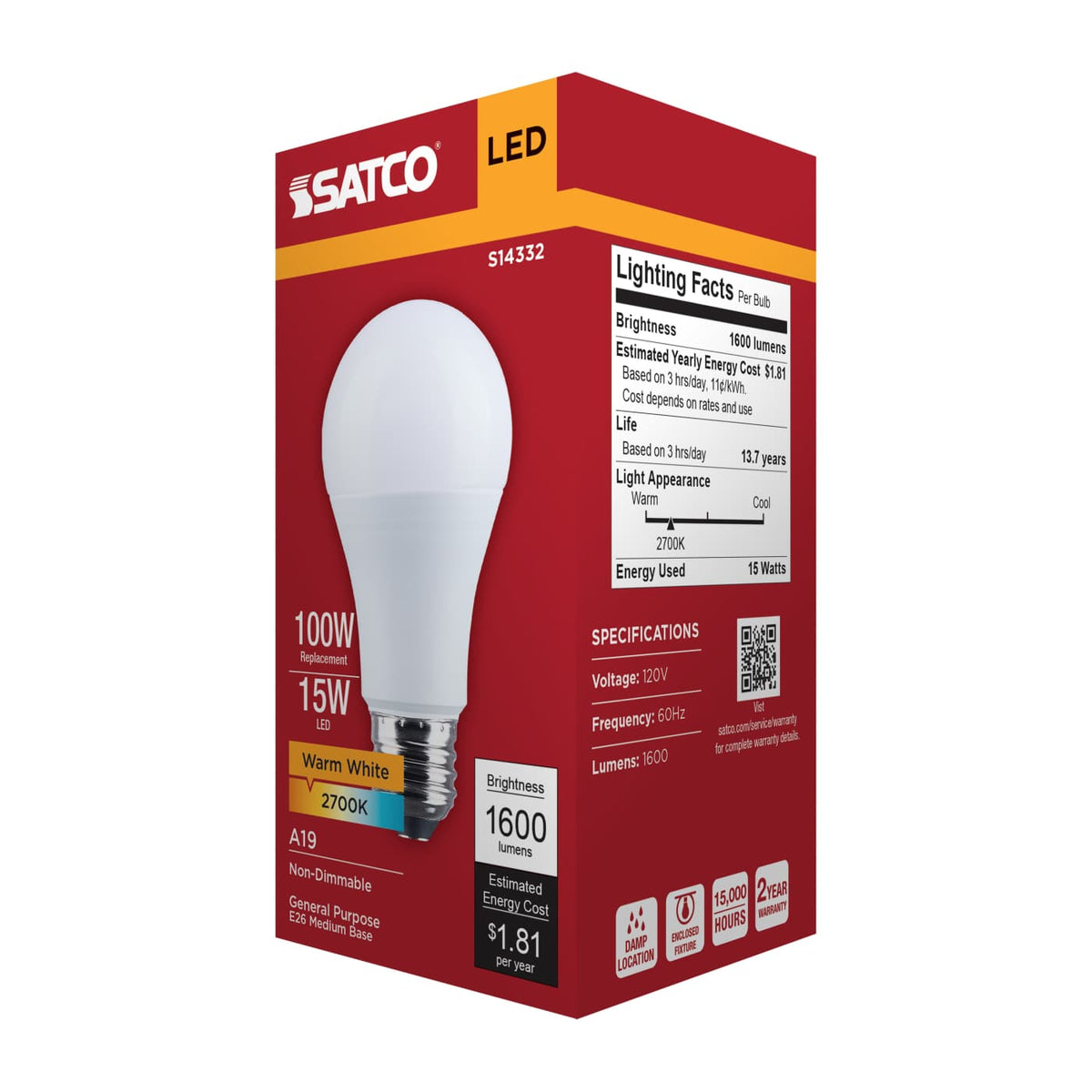 Satco 15w LED A19 2700K CCT Selectable E26 Base 120v Bulb