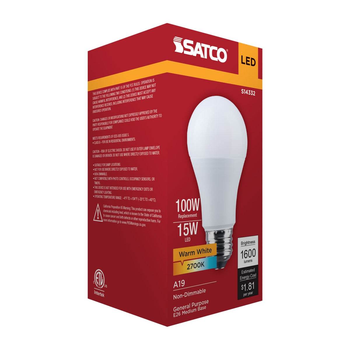 Satco 15w LED A19 2700K CCT Selectable E26 Base 120v Bulb