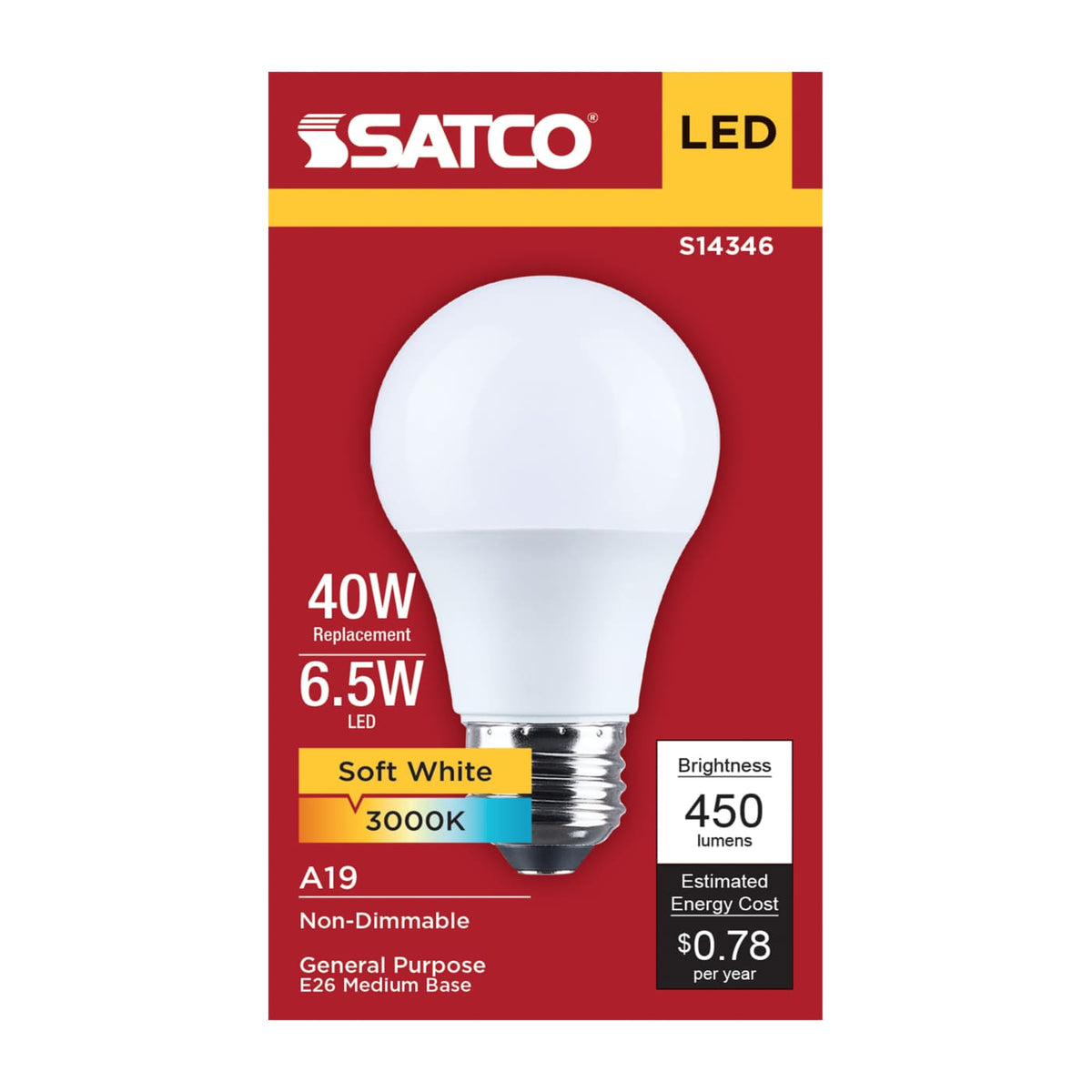 Satco 6.5w LED A19 3000K CCT Selectable E26 Base 120v Bulb